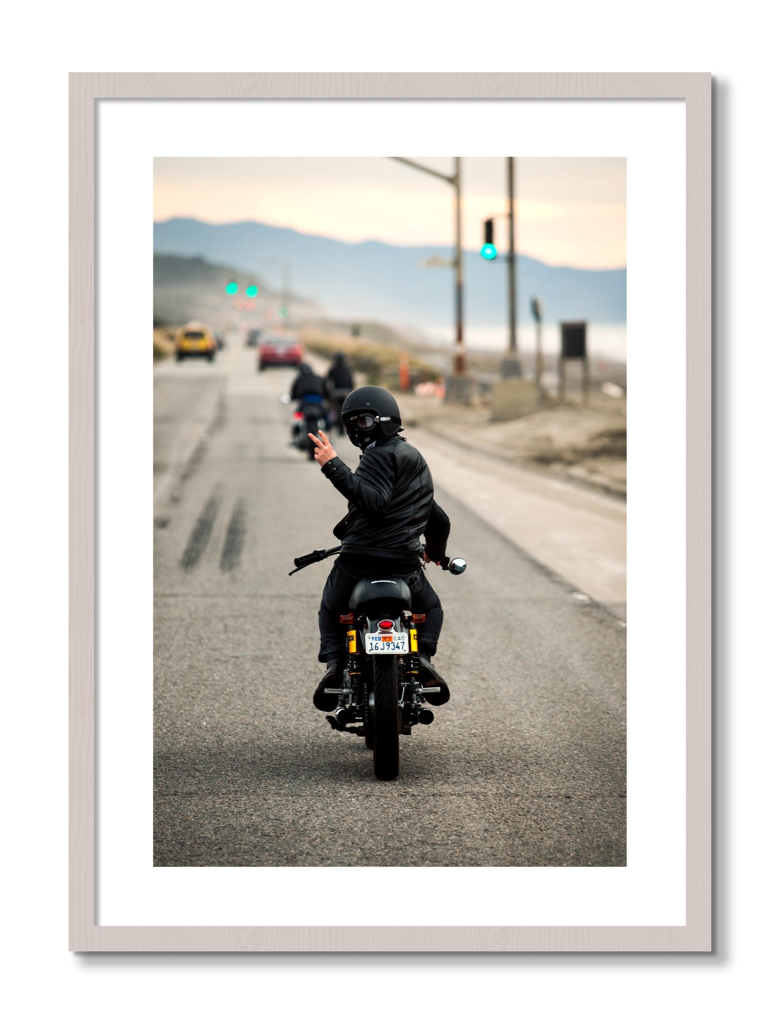 Framed photograph of Great Highway Riding by Dylan Ozanich, White Maple frame, Borders