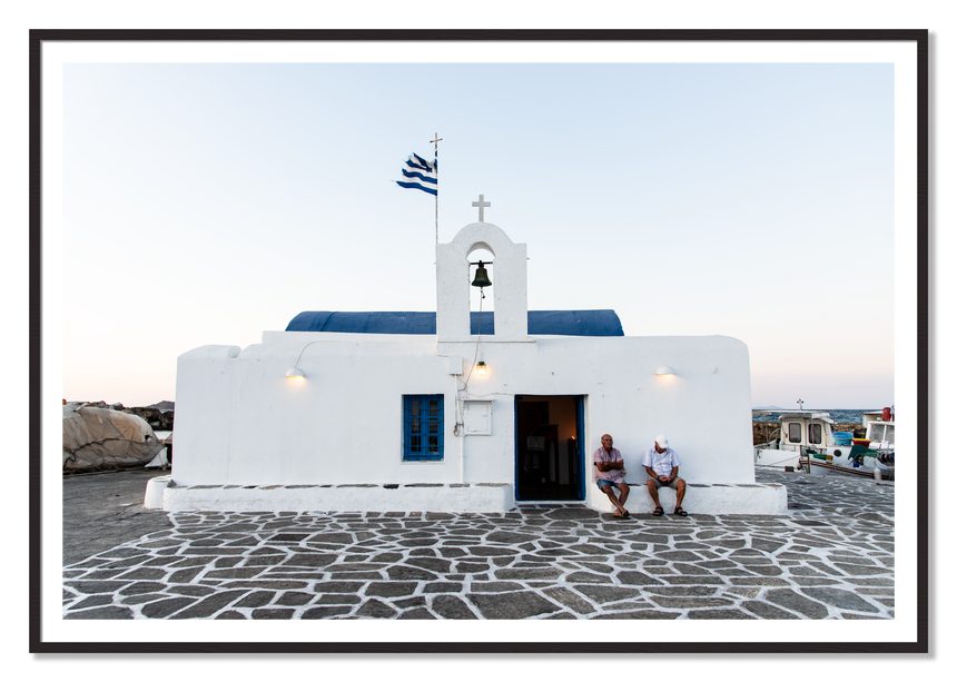 Greek Boathouse by Dylan Ozanich, 48×72 print with a White Border in a Black Walnut frame