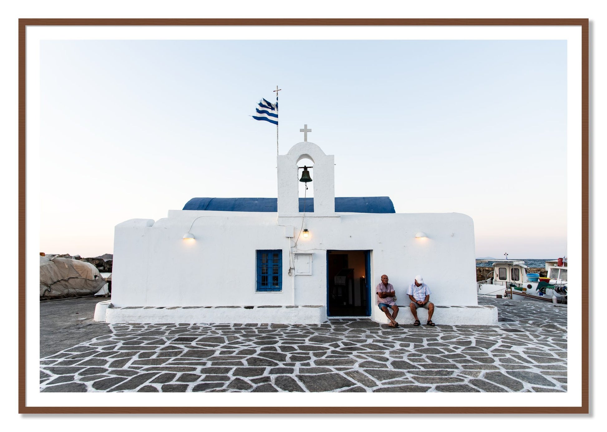 Greek Boathouse by Dylan Ozanich, 48×72 print with a White Border in a Walnut frame