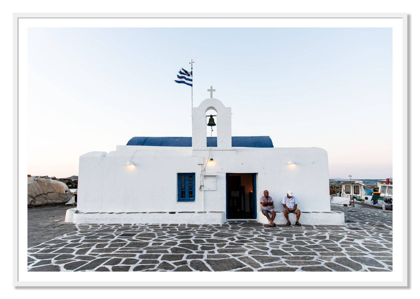 Greek Boathouse by Dylan Ozanich, 48×72 print with a White Border in a White frame