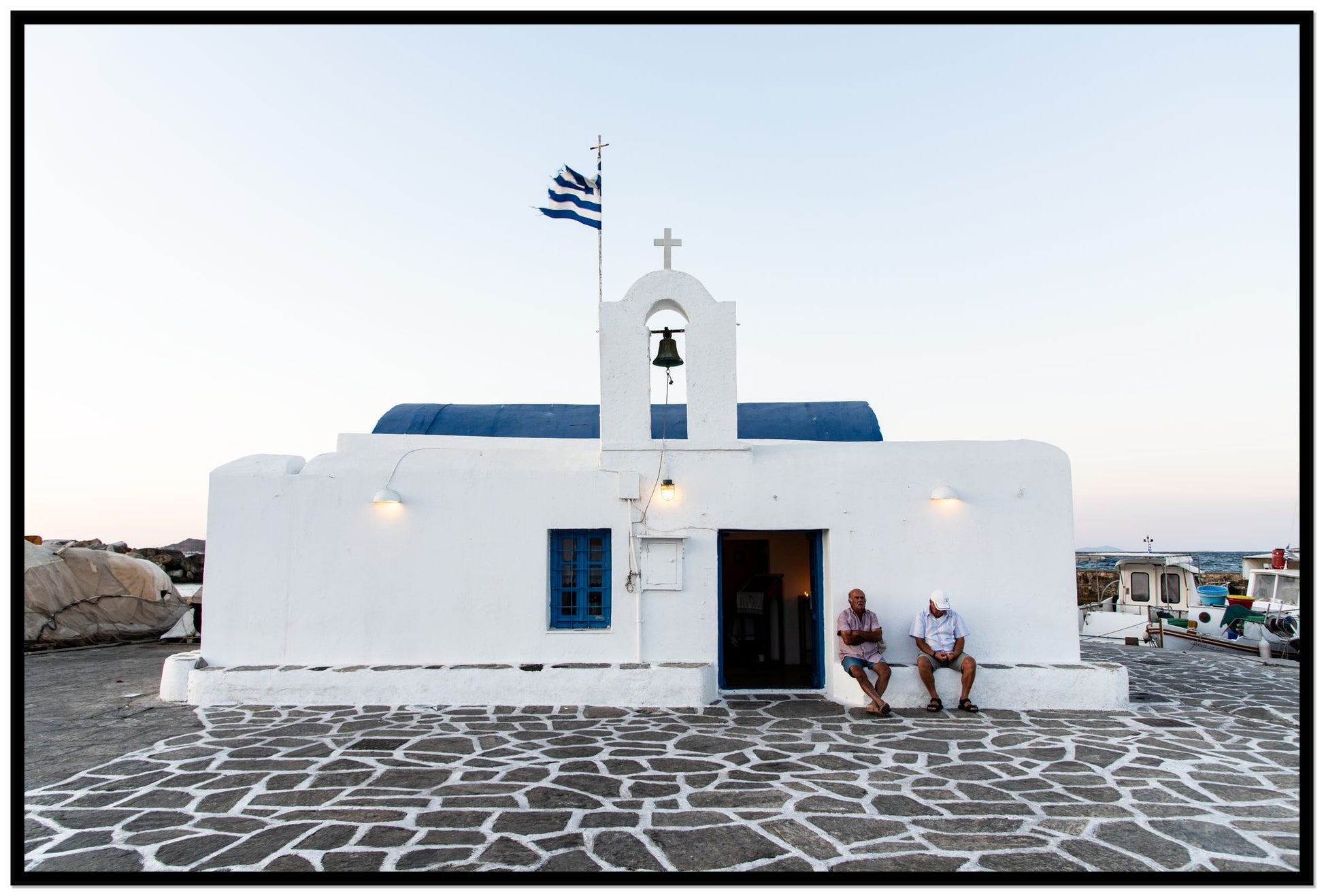 Greek Boathouse by Dylan Ozanich, 48×72 Full Bleed Print in a Black frame