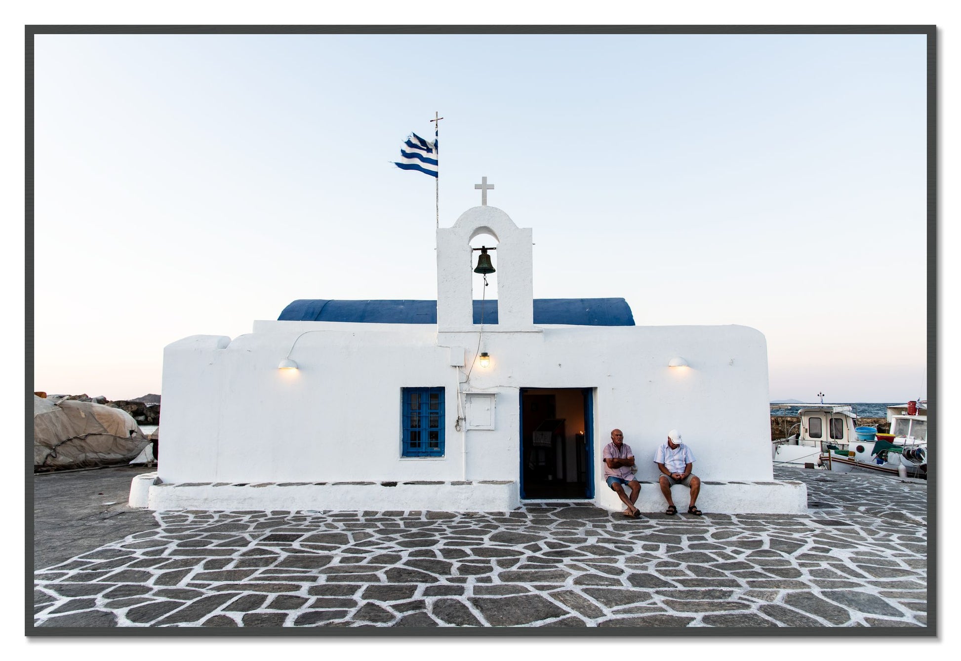 Greek Boathouse by Dylan Ozanich, 48×72 Full Bleed Print in a Grey frame
