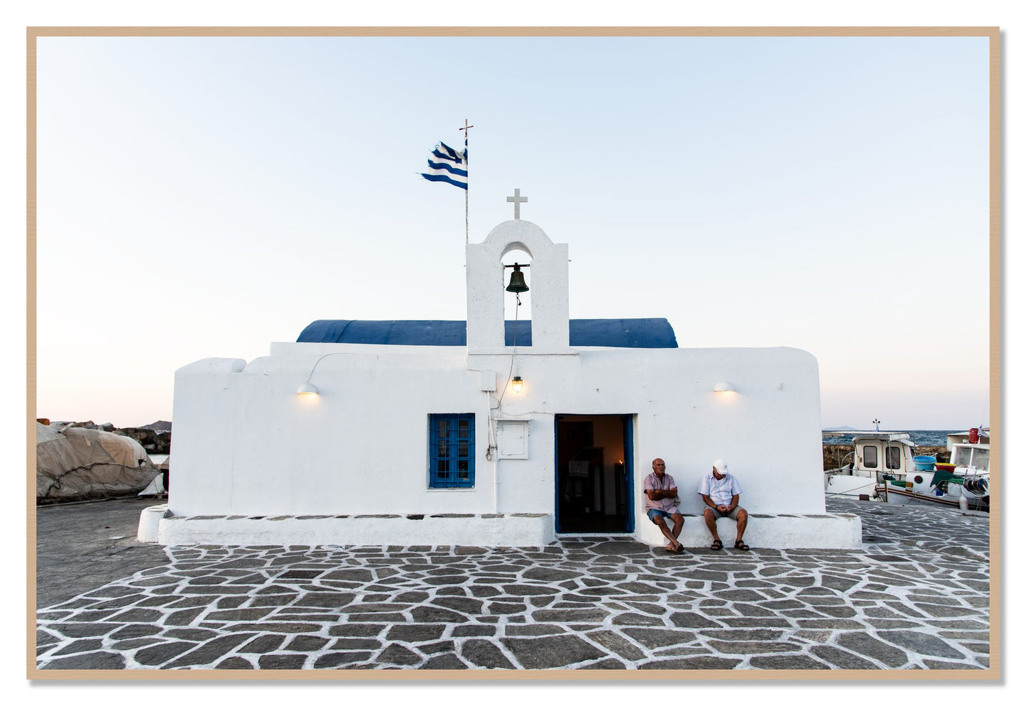 Greek Boathouse by Dylan Ozanich, 48×72 Full Bleed Print in an Oak frame