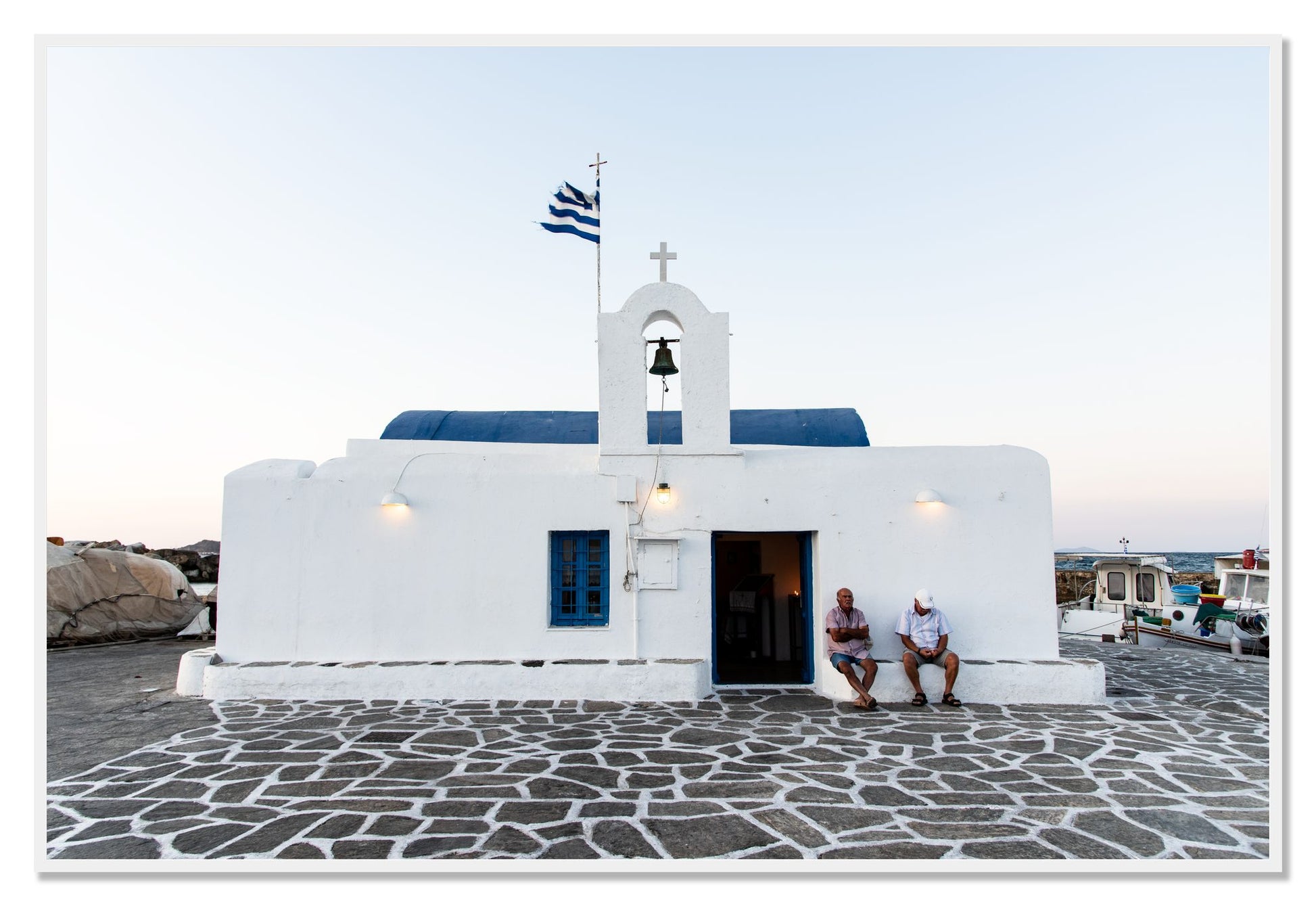 Greek Boathouse by Dylan Ozanich, 48×72 Full Bleed Print in a White frame