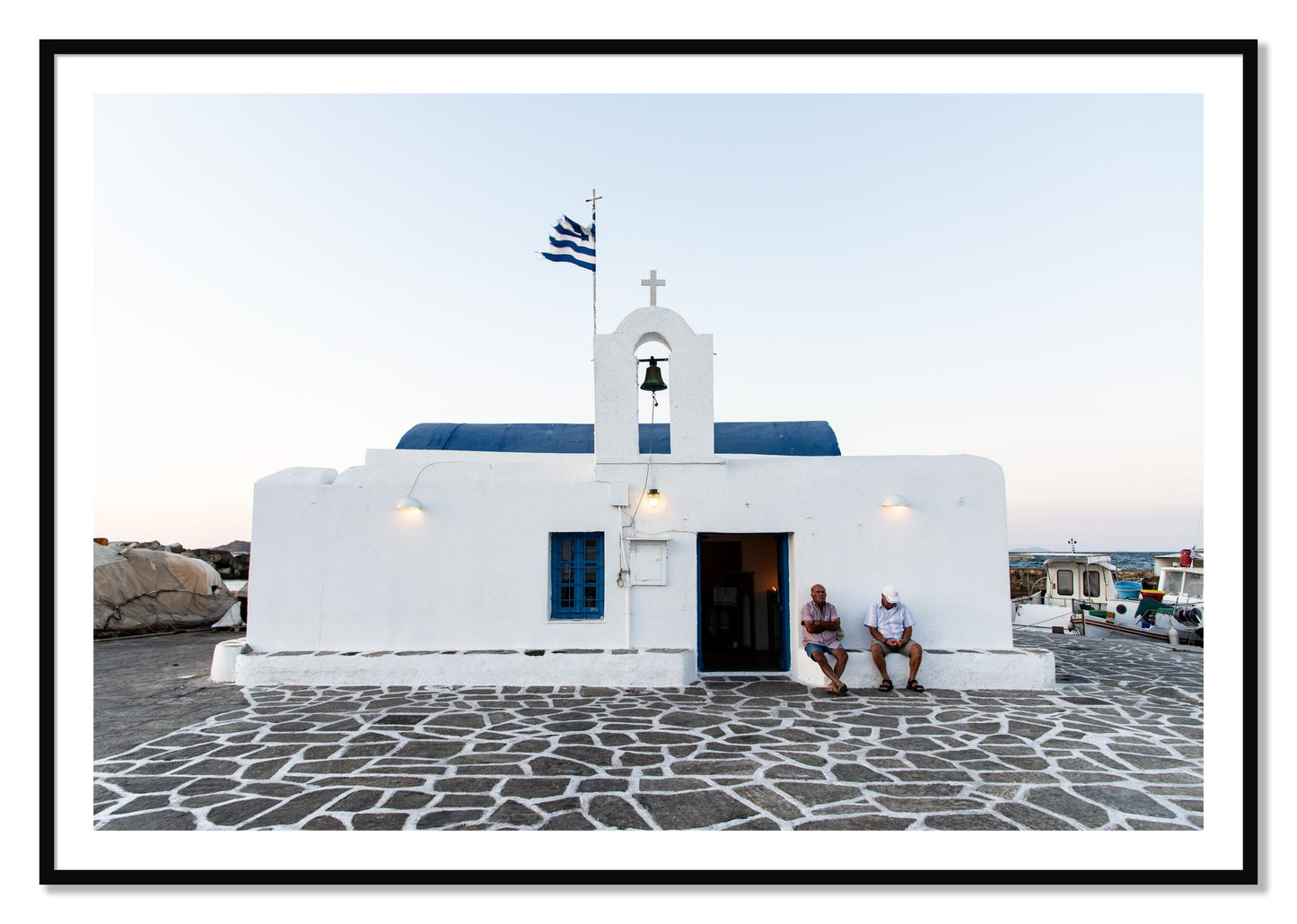Framed photograph of Greek Boathouse by Dylan Ozanich, Black frame, Borders