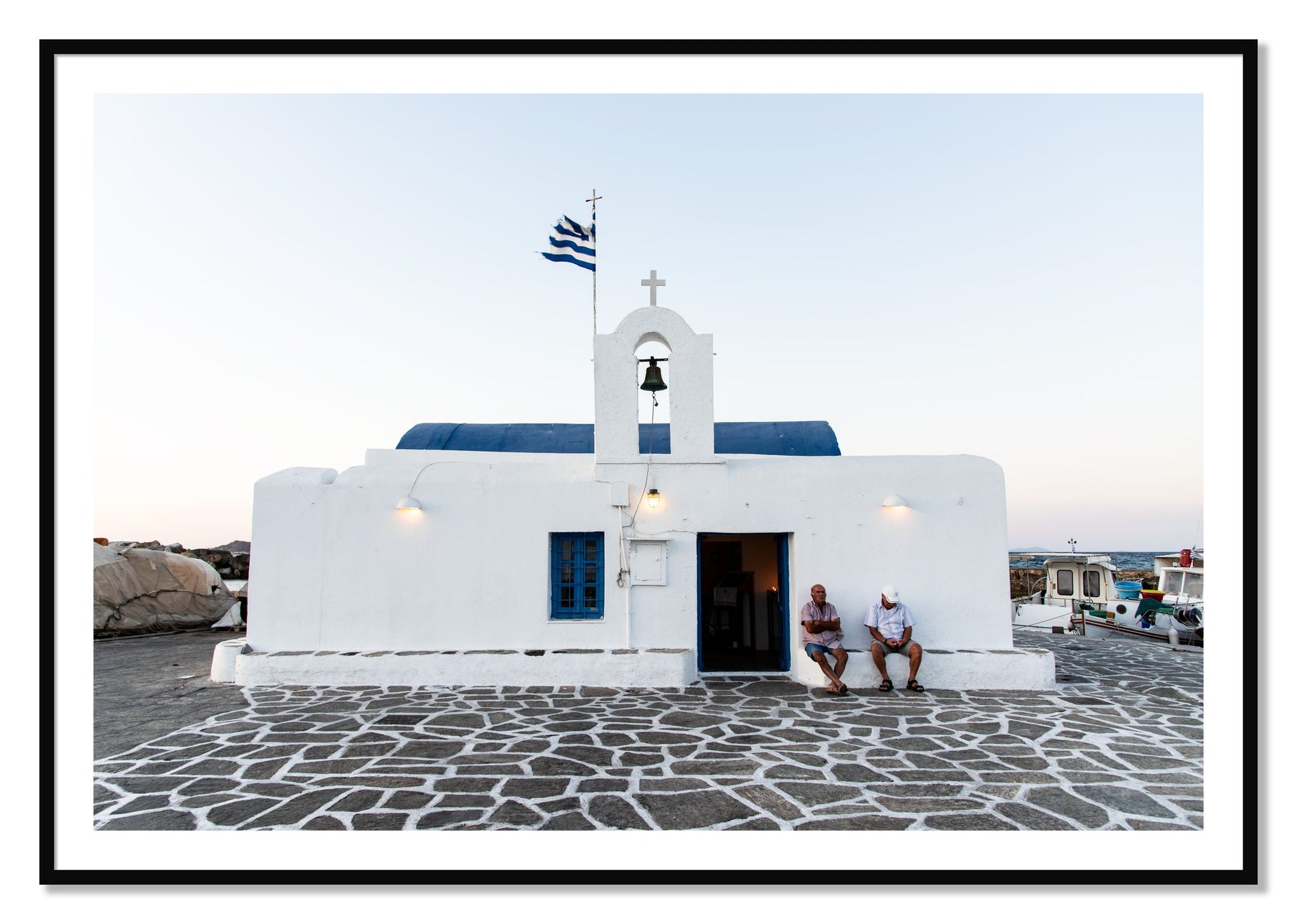 Framed photograph of Greek Boathouse by Dylan Ozanich, Black frame, Borders
