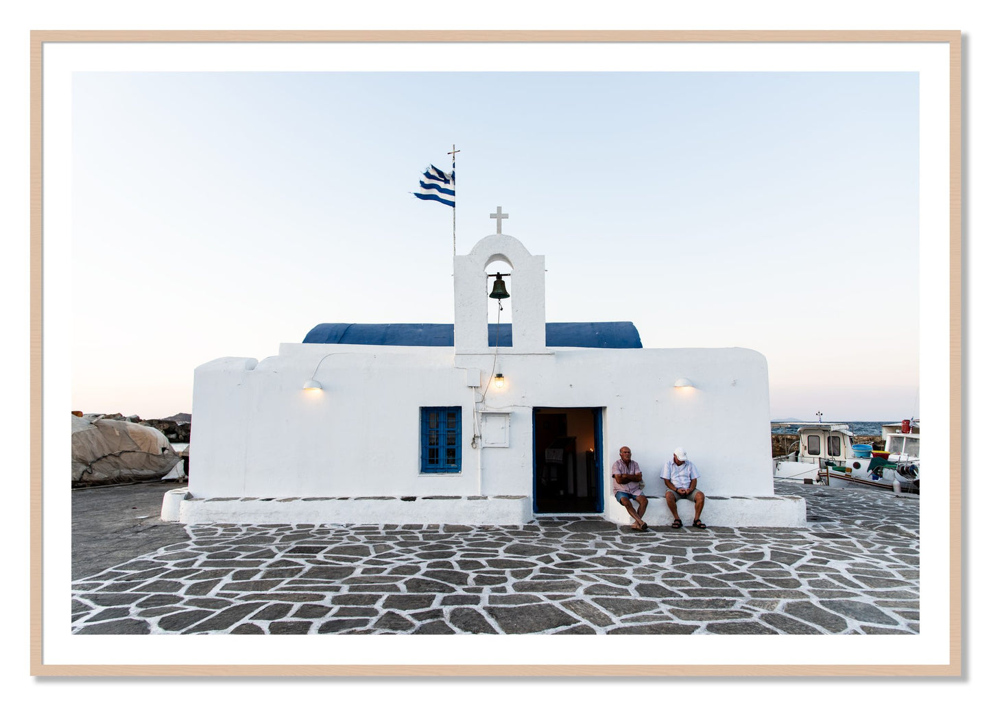 Framed photograph of Greek Boathouse by Dylan Ozanich, Maple frame, Borders