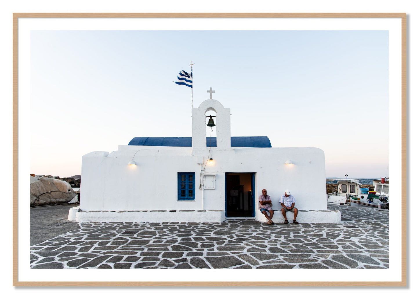Framed photograph of Greek Boathouse by Dylan Ozanich, Oak frame, Borders