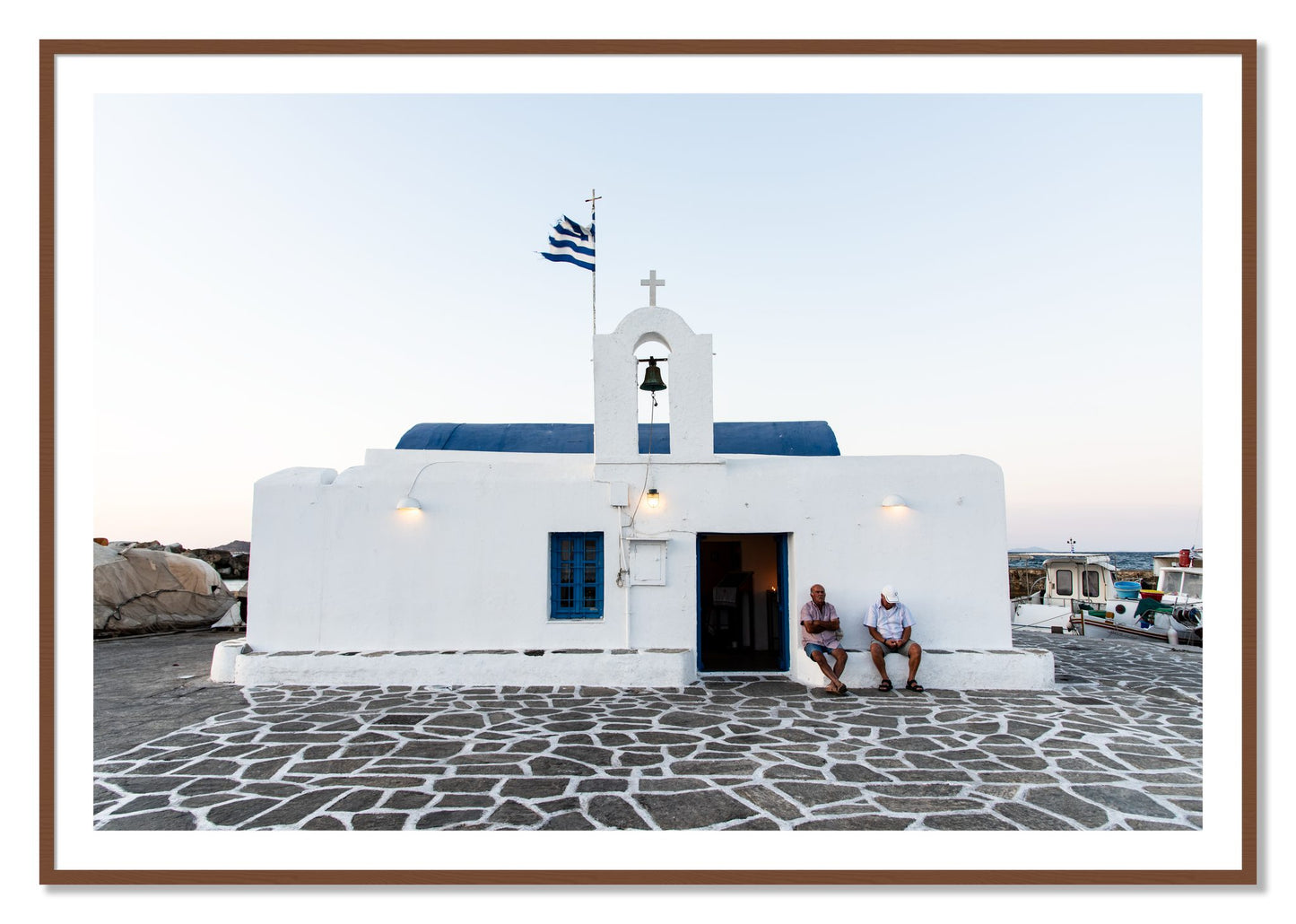 Framed photograph of Greek Boathouse by Dylan Ozanich, Walnut frame, Borders