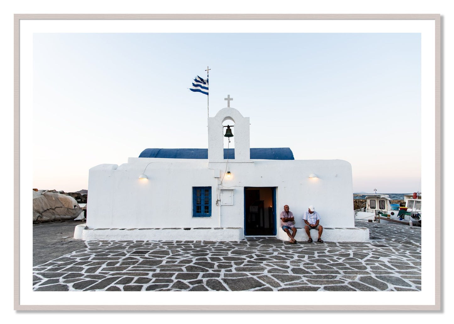 Framed photograph of Greek Boathouse by Dylan Ozanich, White Maple frame, Borders