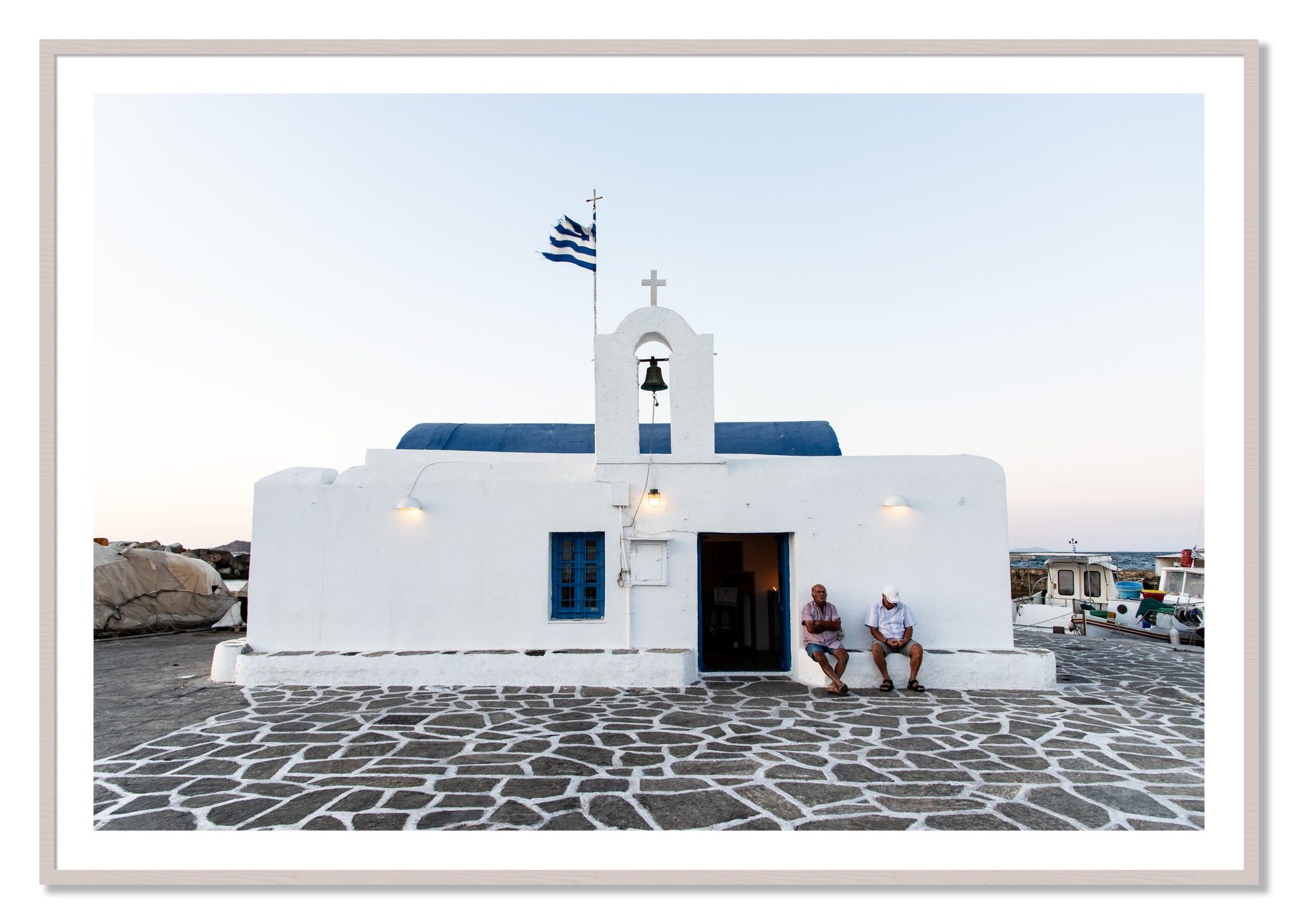 Framed photograph of Greek Boathouse by Dylan Ozanich, White Maple frame, Borders
