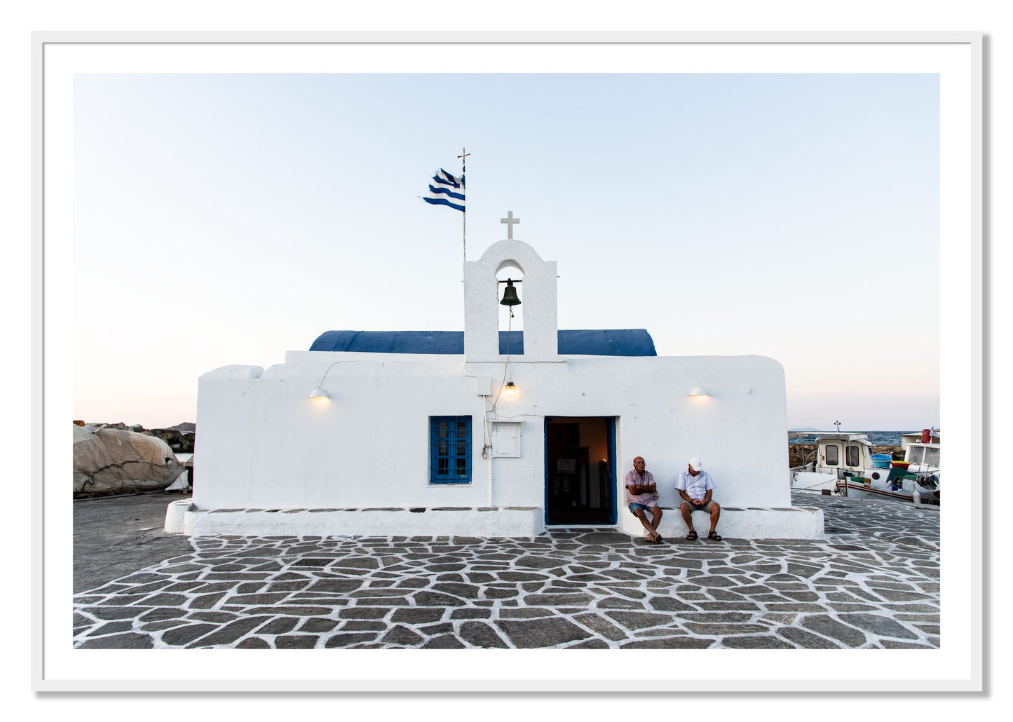 Framed photograph of Greek Boathouse by Dylan Ozanich, White frame, Borders