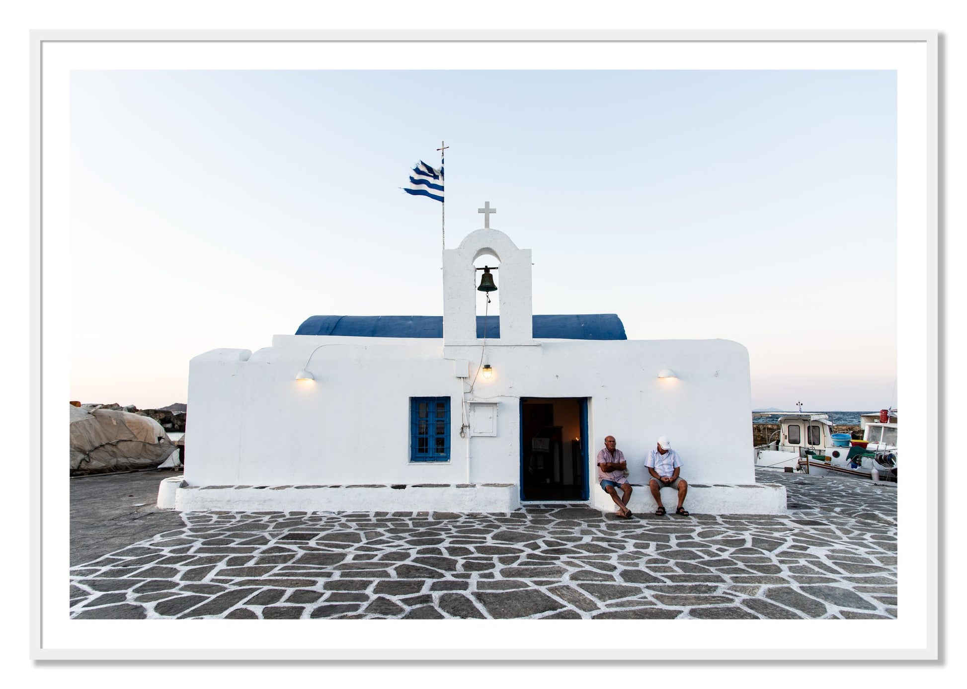 Framed photograph of Greek Boathouse by Dylan Ozanich, White frame, Borders