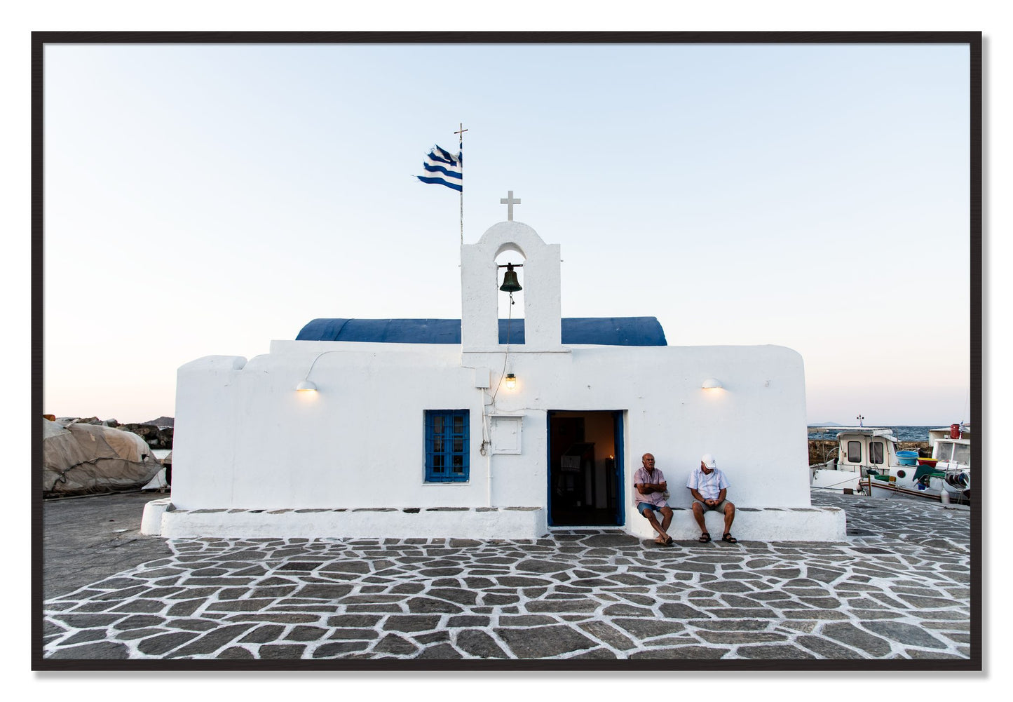 Framed photograph of Greek Boathouse by Dylan Ozanich, Black Walnut frame, Full Bleed