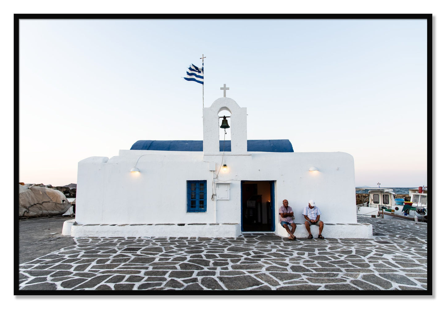 Framed photograph of Greek Boathouse by Dylan Ozanich, Black frame, Full Bleed