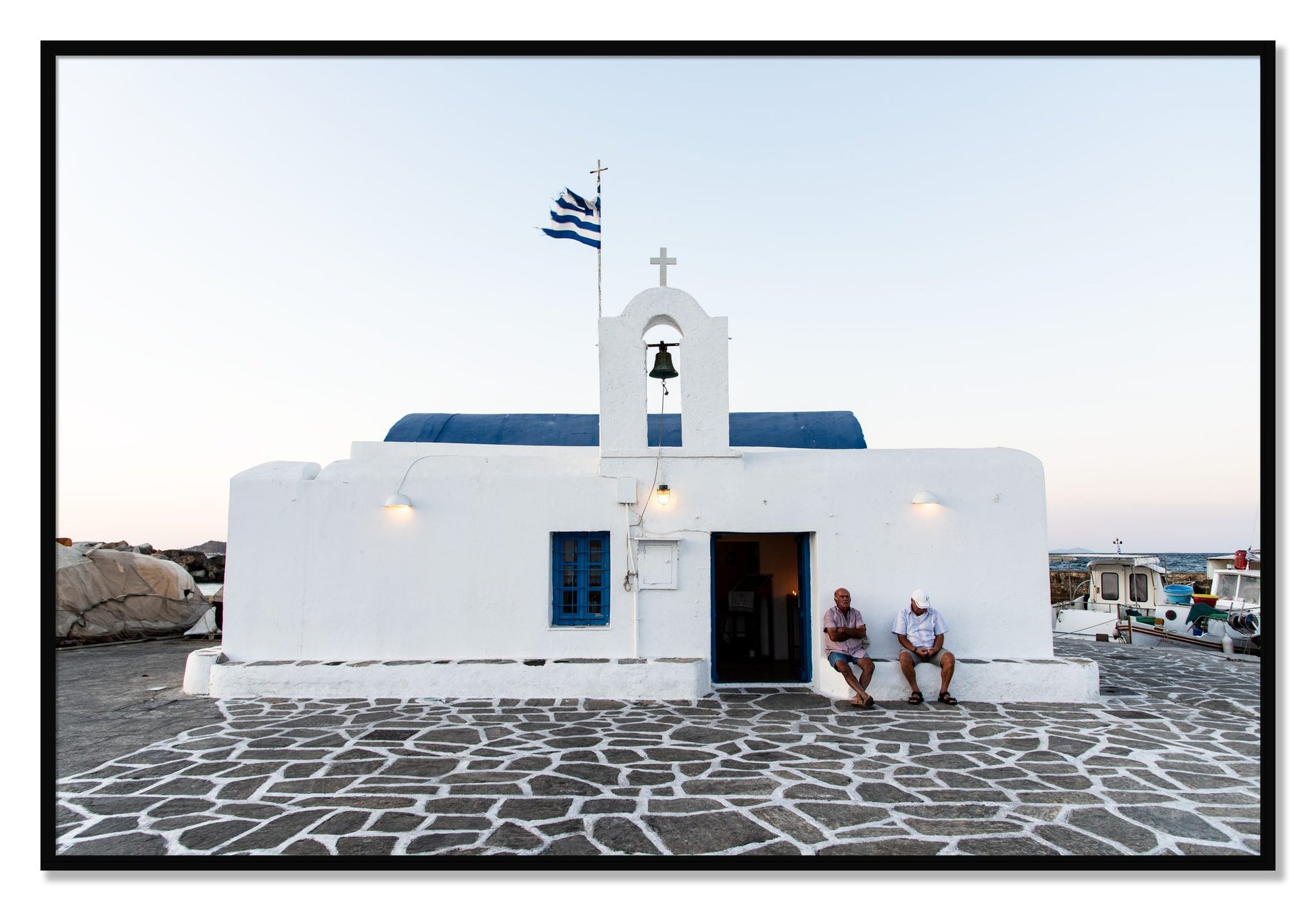 Framed photograph of Greek Boathouse by Dylan Ozanich, Black frame, Full Bleed