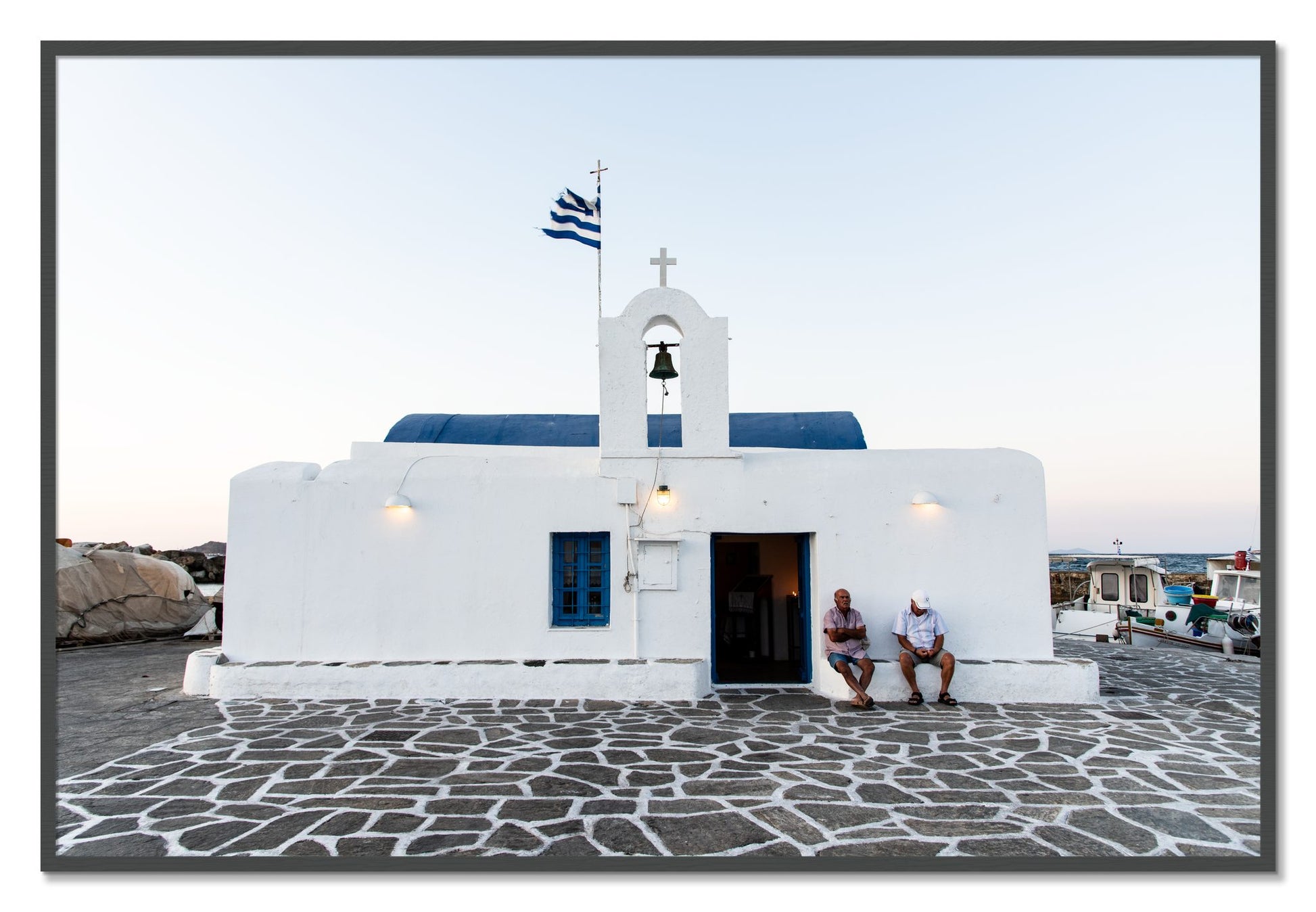 Framed photograph of Greek Boathouse by Dylan Ozanich, Grey frame, Full Bleed