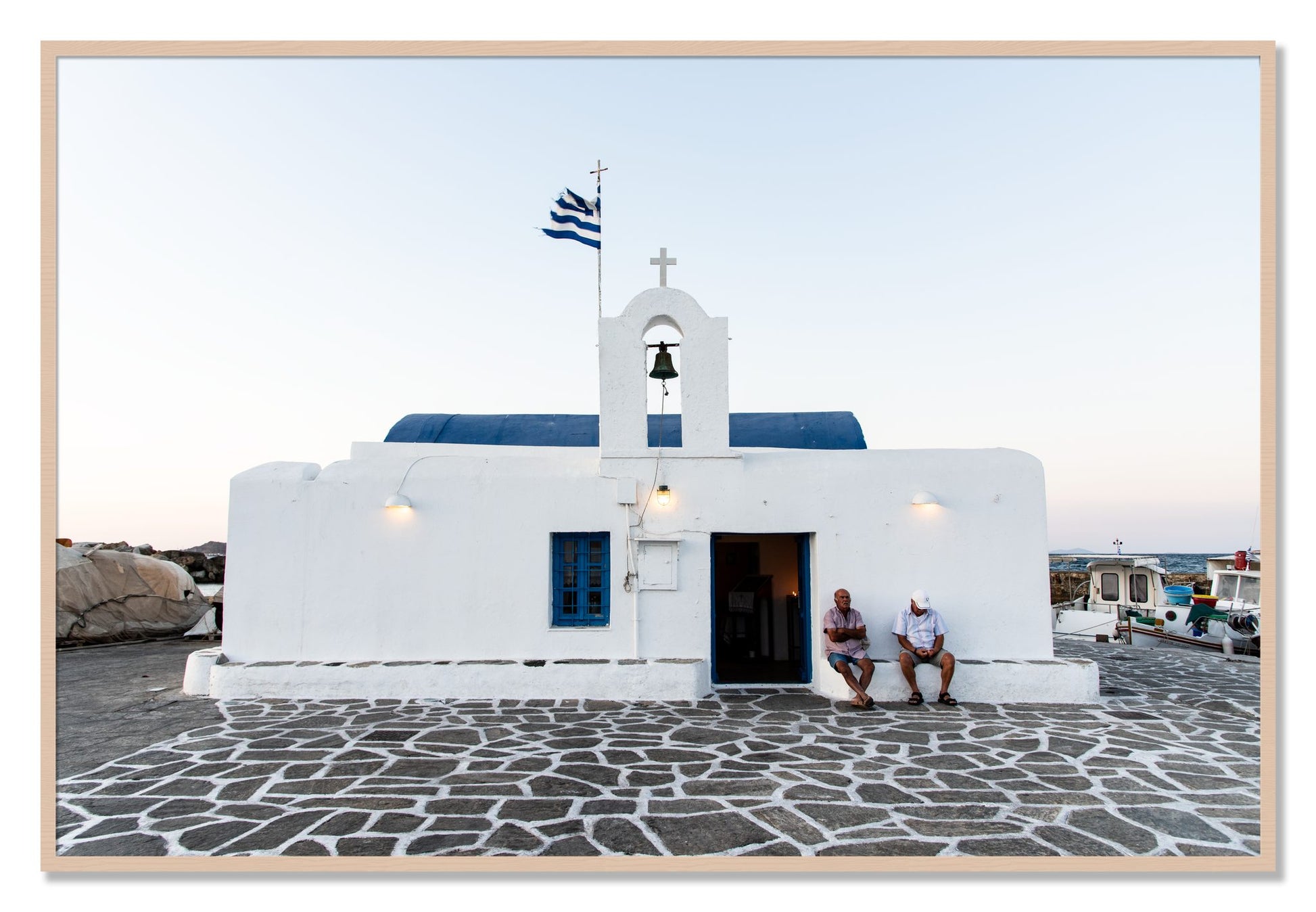 Framed photograph of Greek Boathouse by Dylan Ozanich, Maple frame, Full Bleed