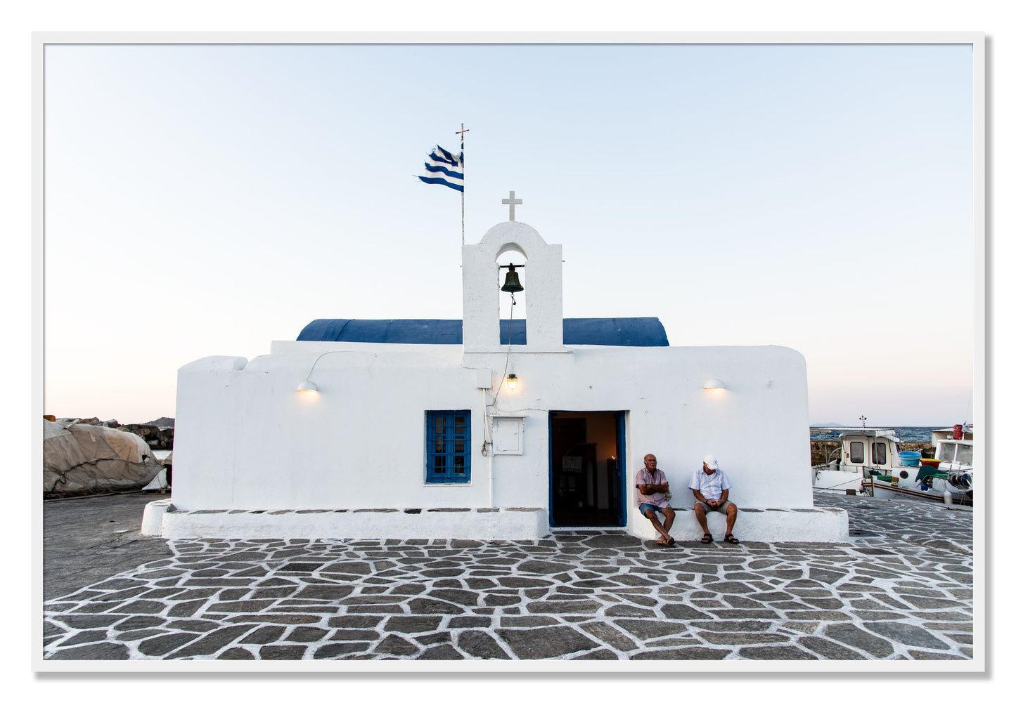 Framed photograph of Greek Boathouse by Dylan Ozanich, White frame, Full Bleed