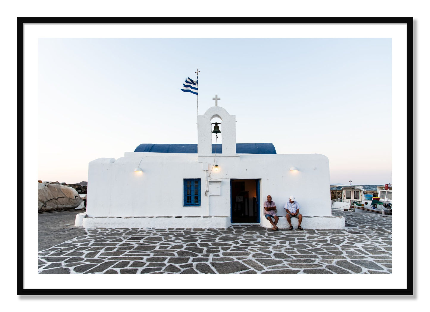 Framed photograph of Greek Boathouse by Dylan Ozanich, Black frame, Borders