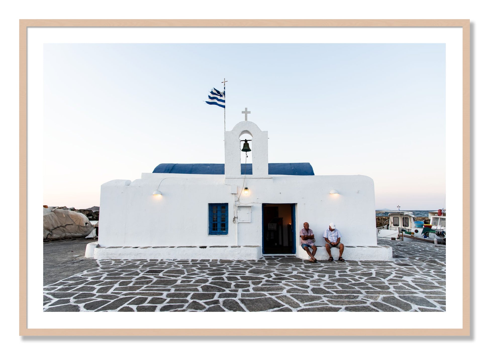 Framed photograph of Greek Boathouse by Dylan Ozanich, Maple frame, Borders
