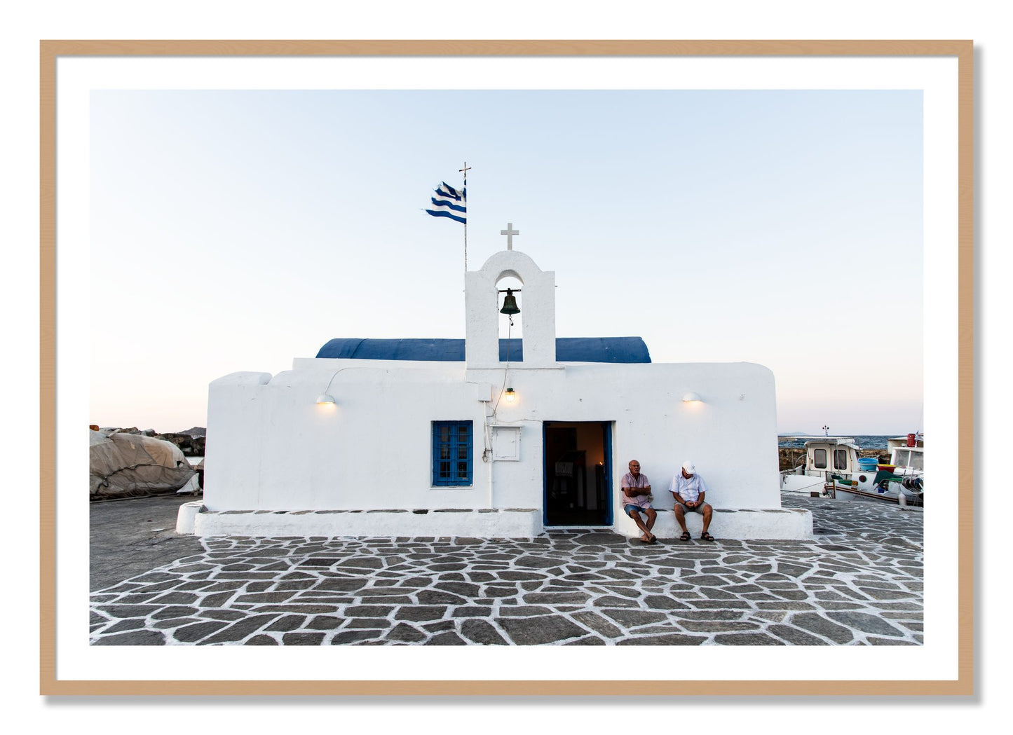 Framed photograph of Greek Boathouse by Dylan Ozanich, Oak frame, Borders