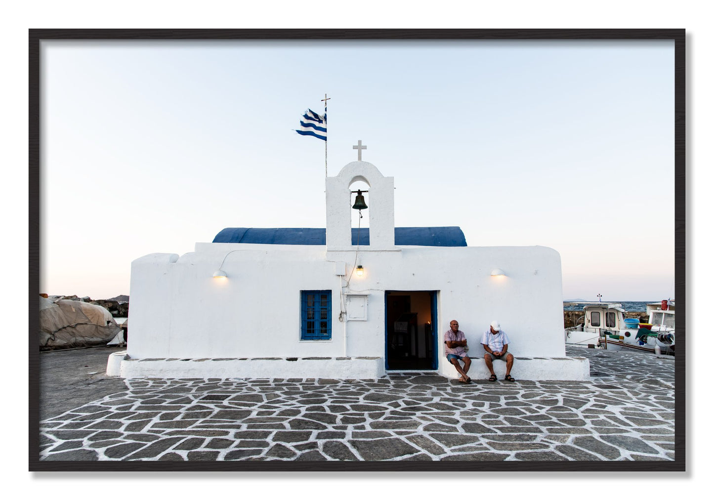 Framed photograph of Greek Boathouse by Dylan Ozanich, Black Walnut frame, Full Bleed