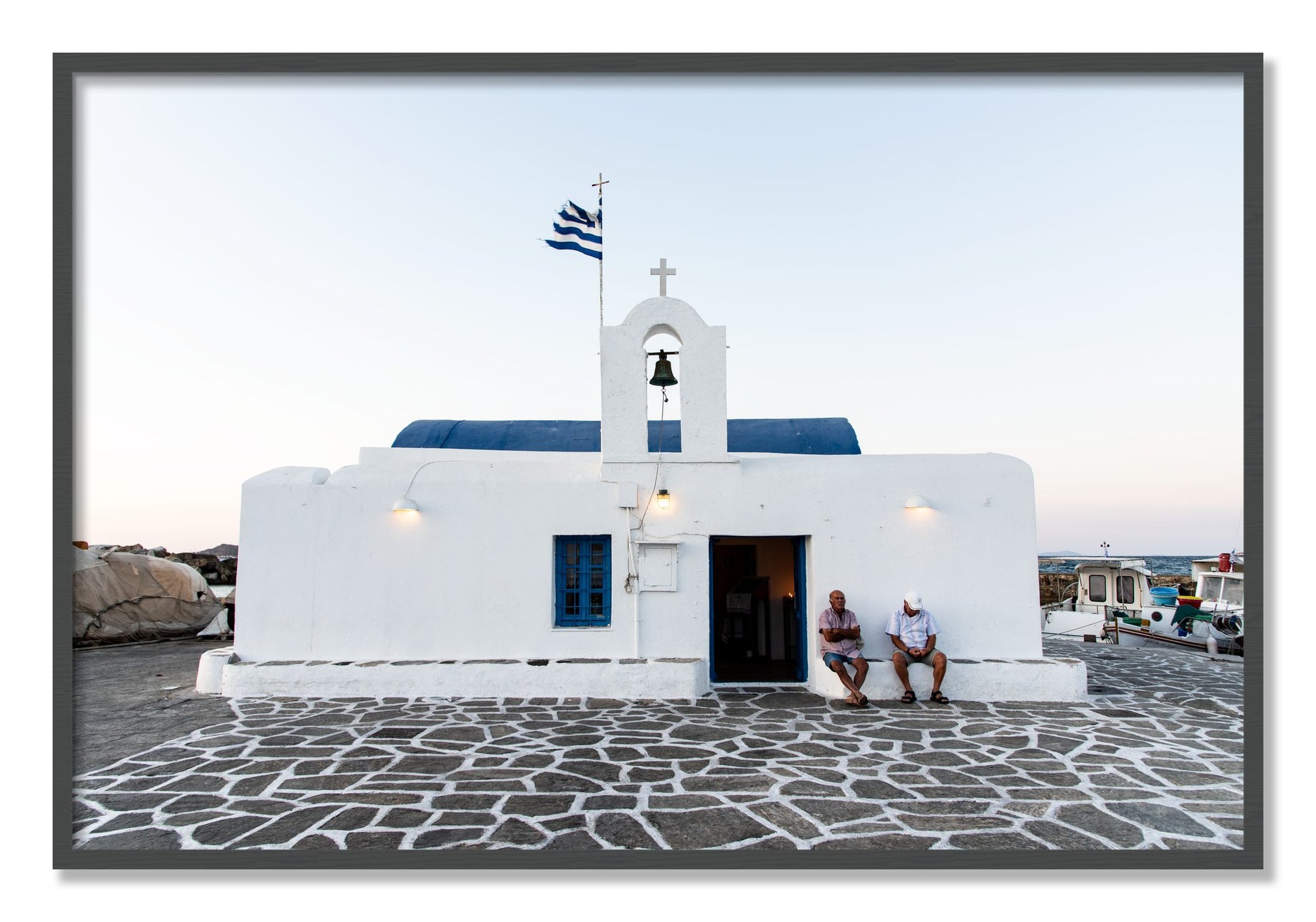 Framed photograph of Greek Boathouse by Dylan Ozanich, Grey frame, Full Bleed
