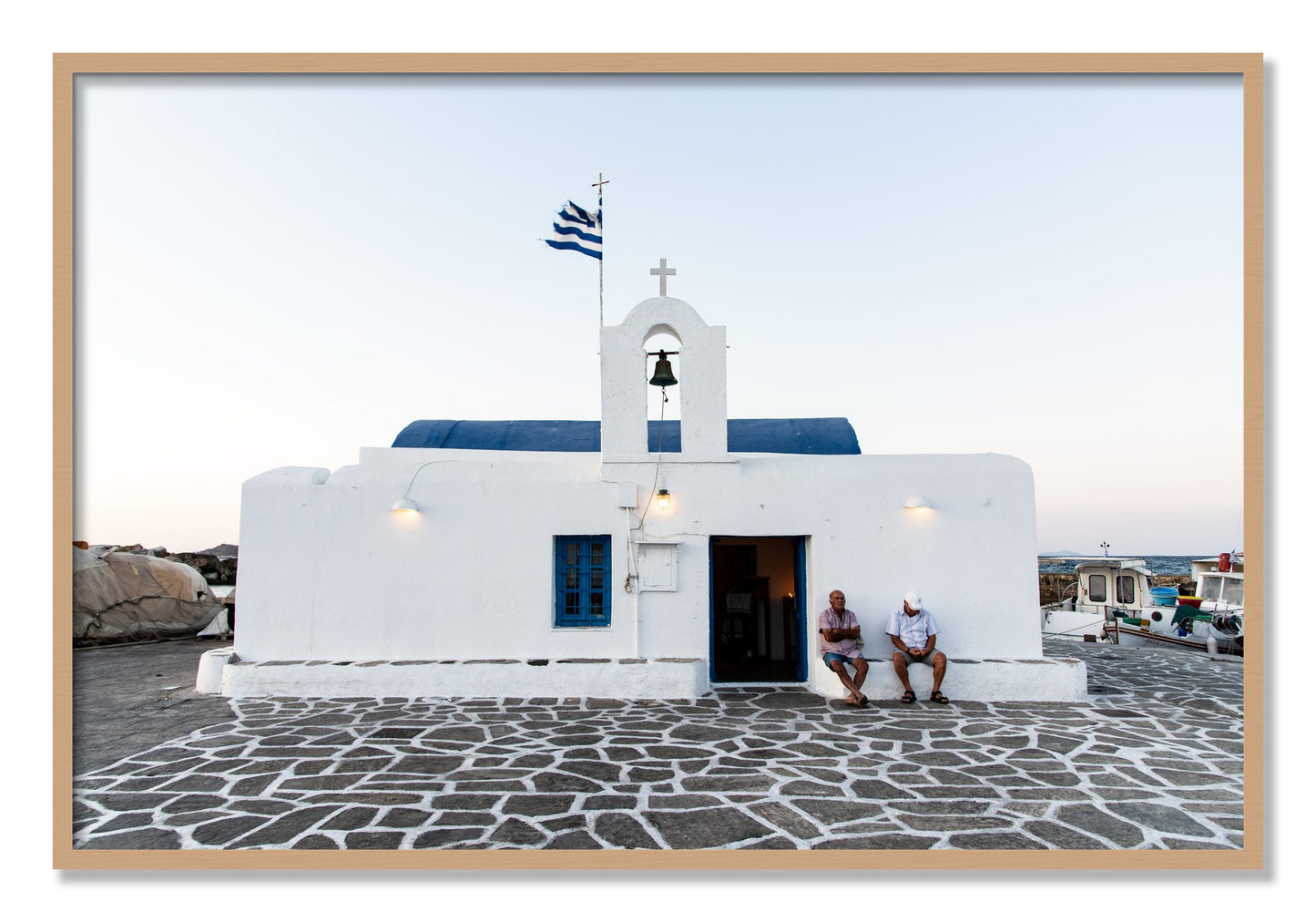 Framed photograph of Greek Boathouse by Dylan Ozanich, Oak frame, Full Bleed