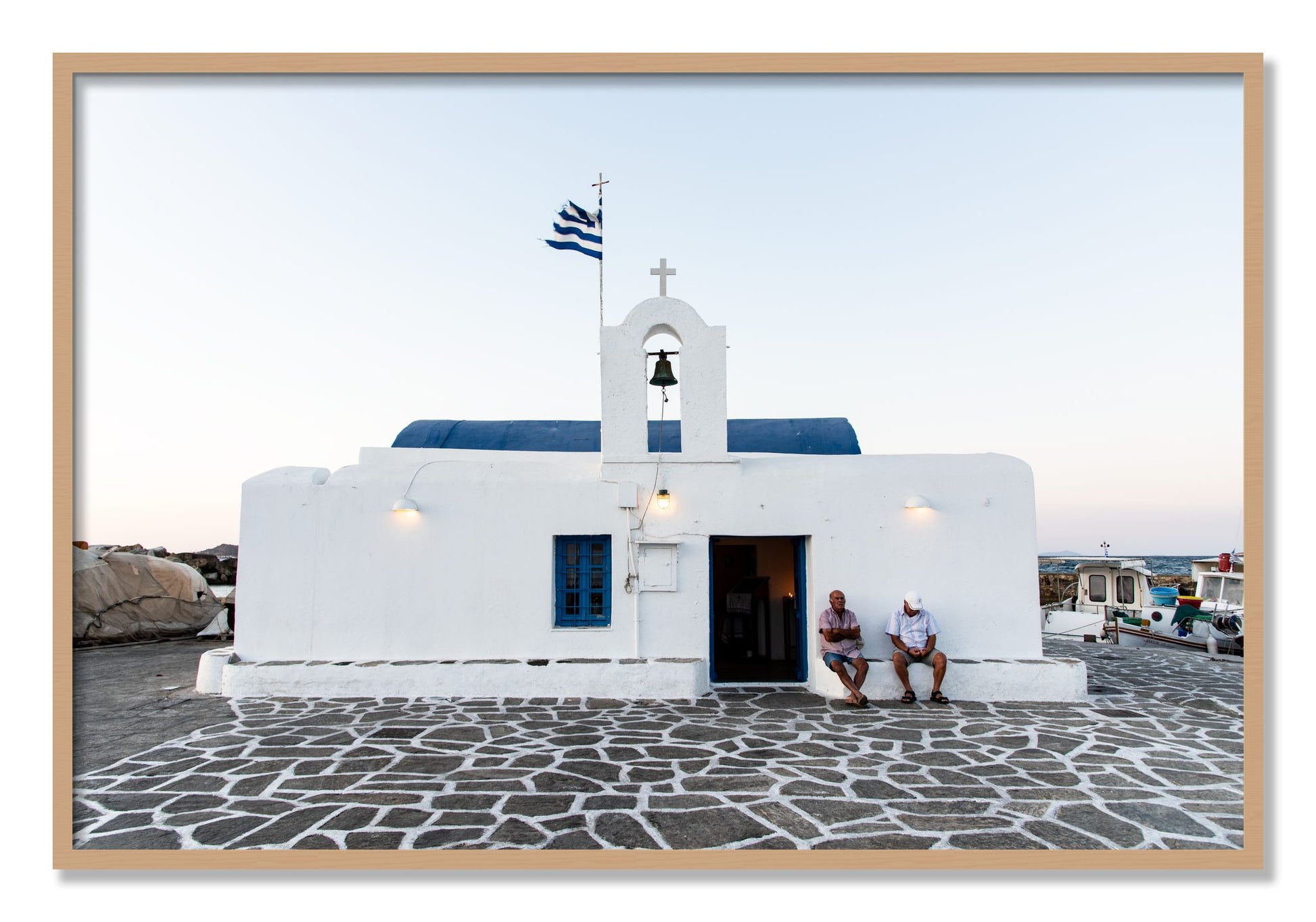 Framed photograph of Greek Boathouse by Dylan Ozanich, Oak frame, Full Bleed