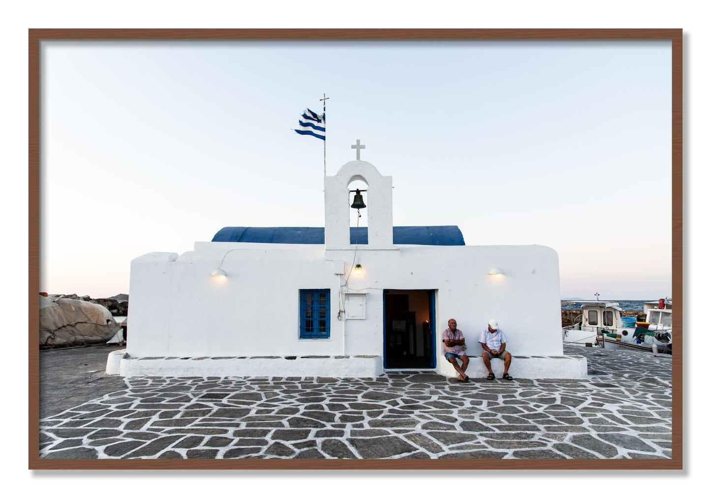 Framed photograph of Greek Boathouse by Dylan Ozanich, Walnut frame, Full Bleed