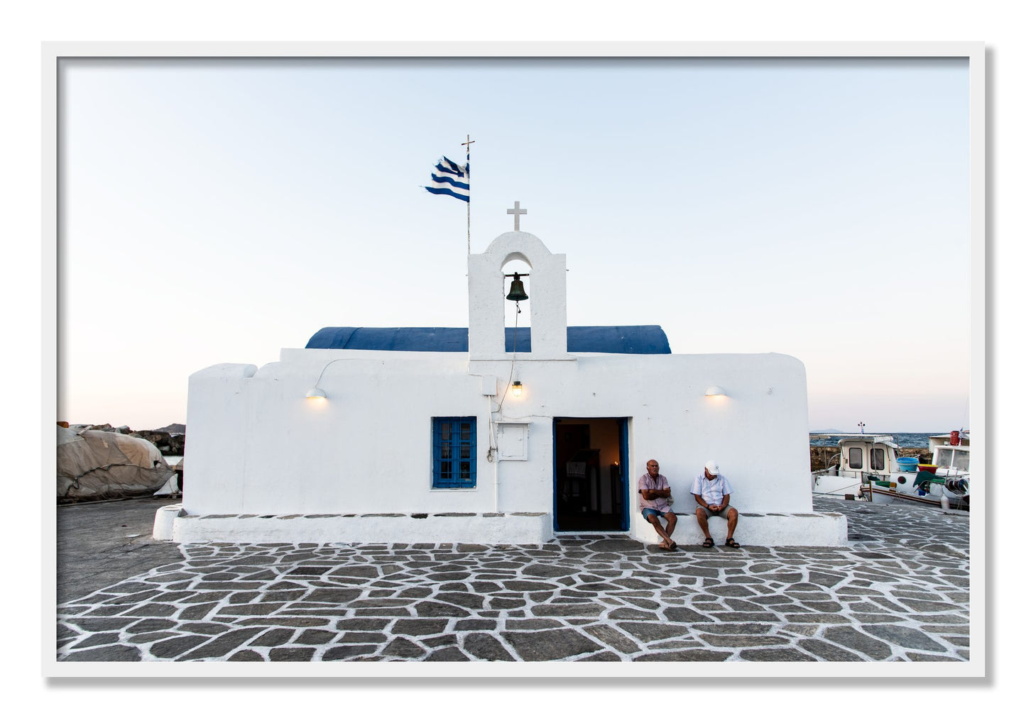 Framed photograph of Greek Boathouse by Dylan Ozanich, White frame, Full Bleed
