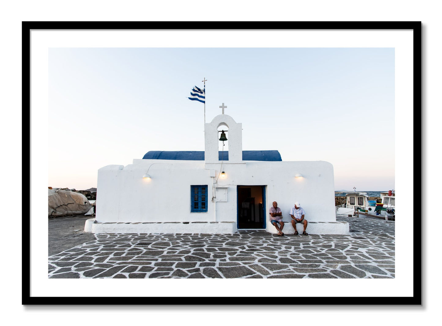 Framed photograph of Greek Boathouse by Dylan Ozanich, Black frame, Borders