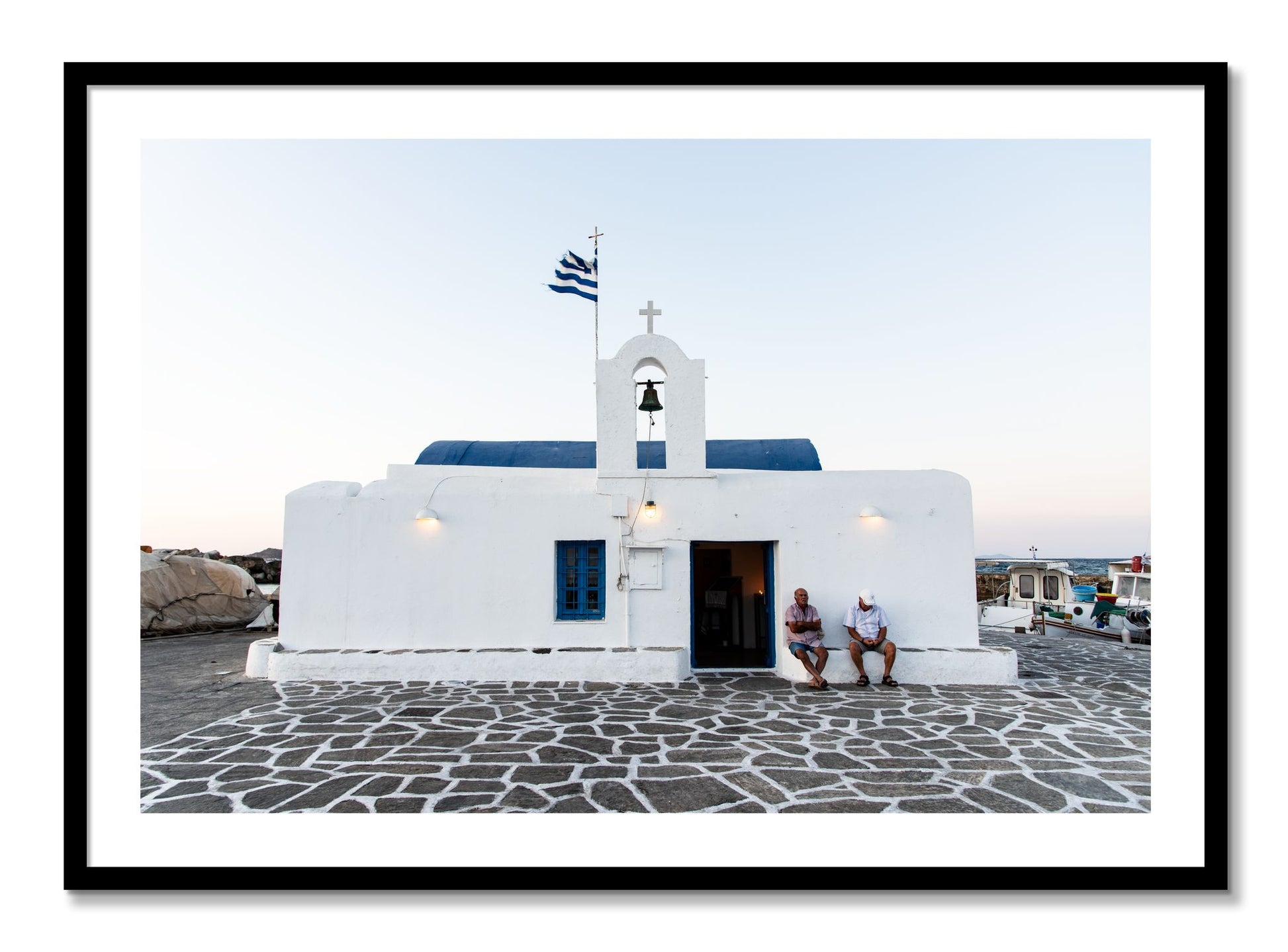 Framed photograph of Greek Boathouse by Dylan Ozanich, Black frame, Borders
