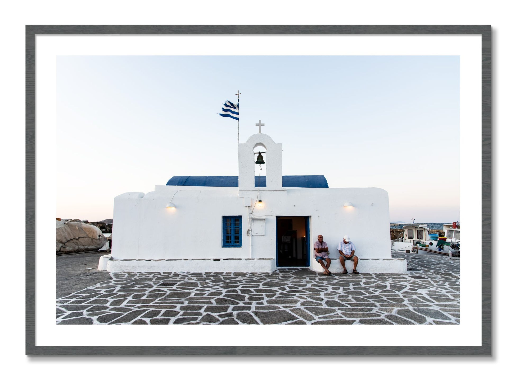 Framed photograph of Greek Boathouse by Dylan Ozanich, Grey frame, Borders