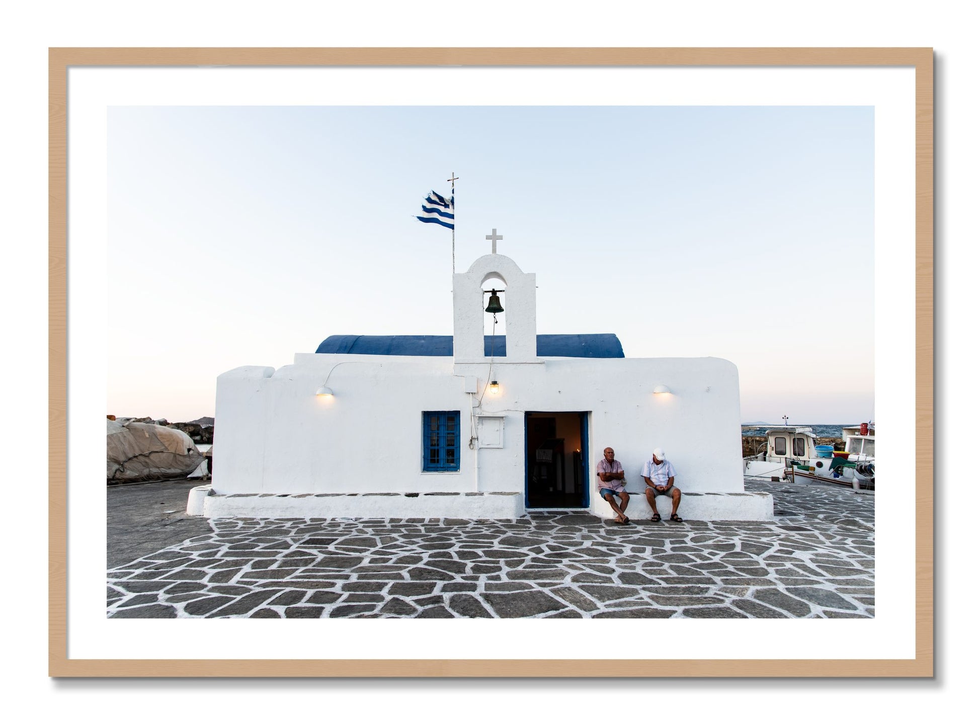 Framed photograph of Greek Boathouse by Dylan Ozanich, Oak frame, Borders
