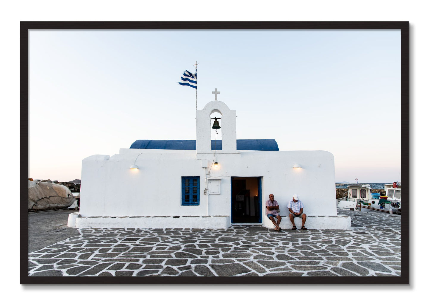 Framed photograph of Greek Boathouse by Dylan Ozanich, Black Walnut frame, Full Bleed