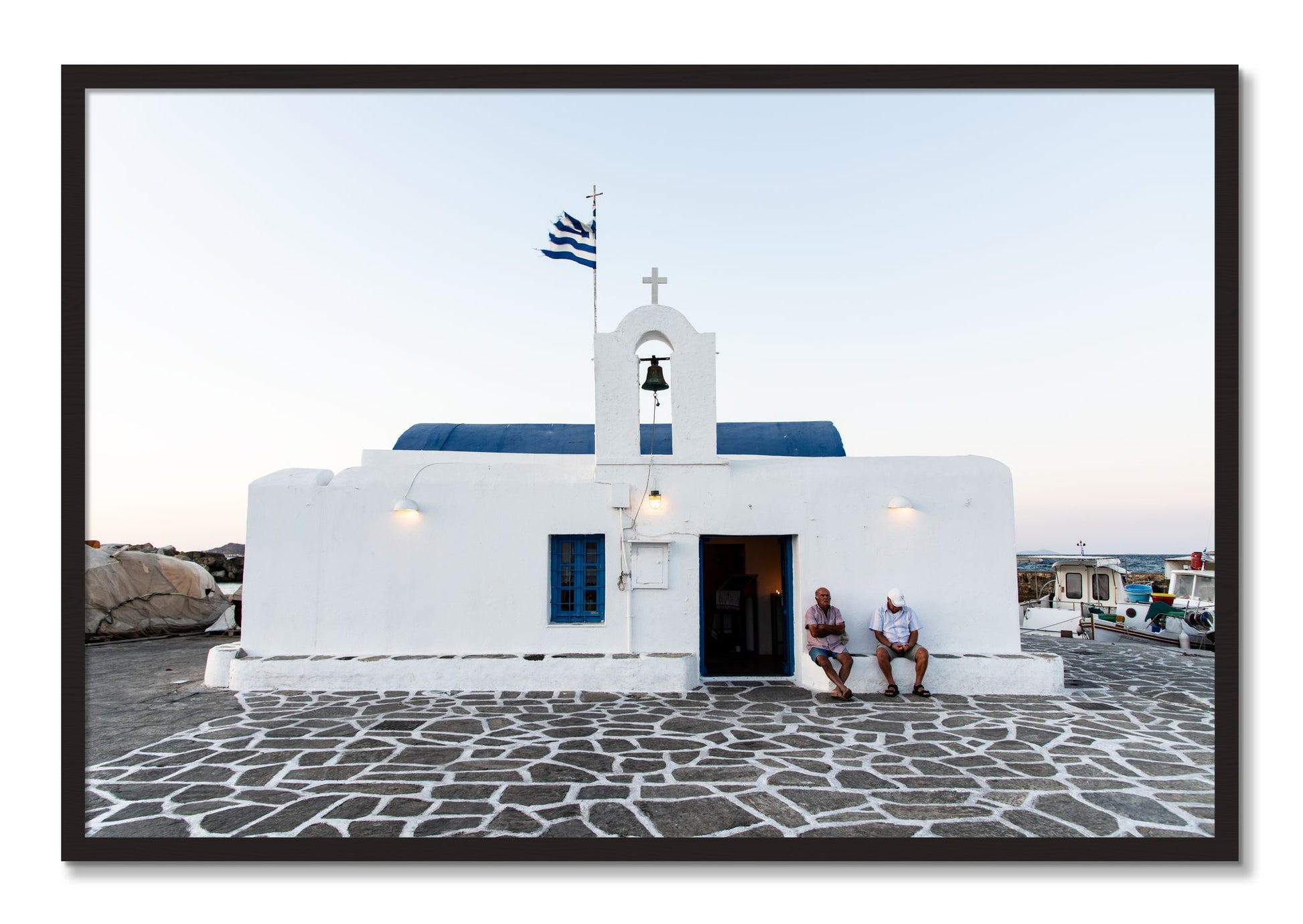 Framed photograph of Greek Boathouse by Dylan Ozanich, Black Walnut frame, Full Bleed