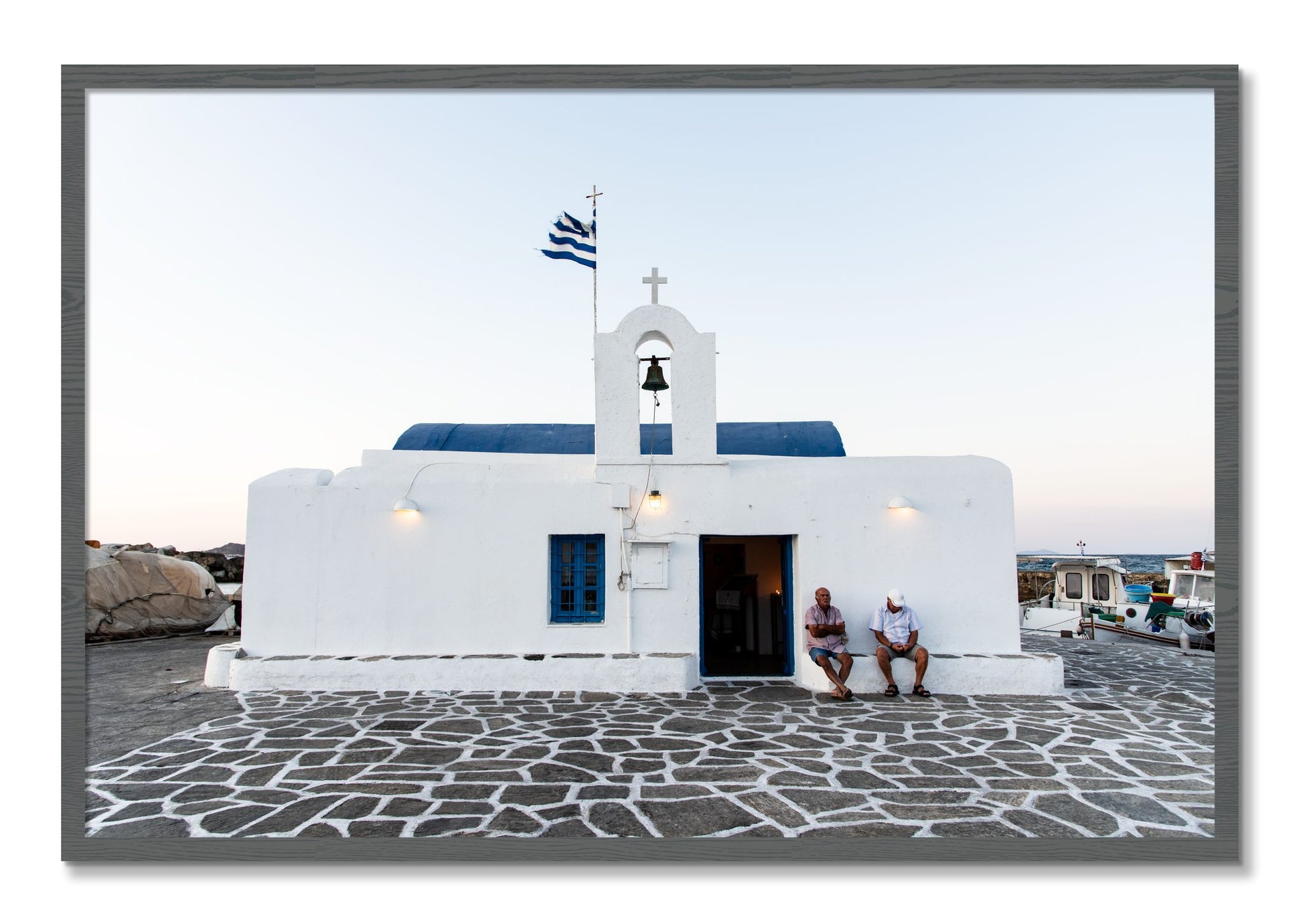 Framed photograph of Greek Boathouse by Dylan Ozanich, Grey frame, Full Bleed