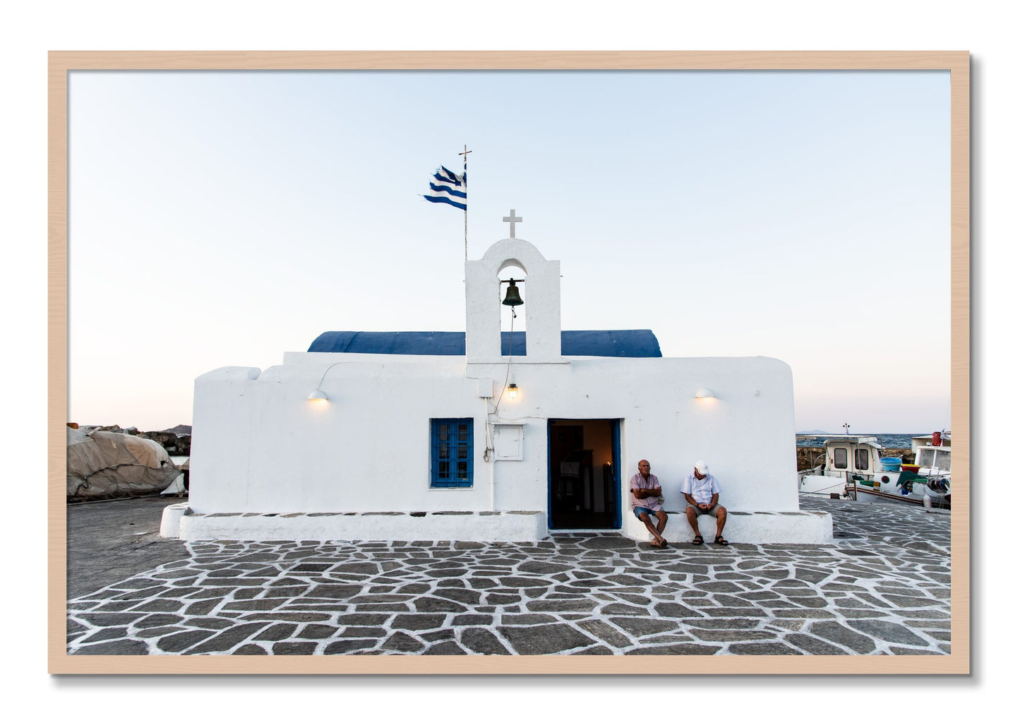 Framed photograph of Greek Boathouse by Dylan Ozanich, Maple frame, Full Bleed