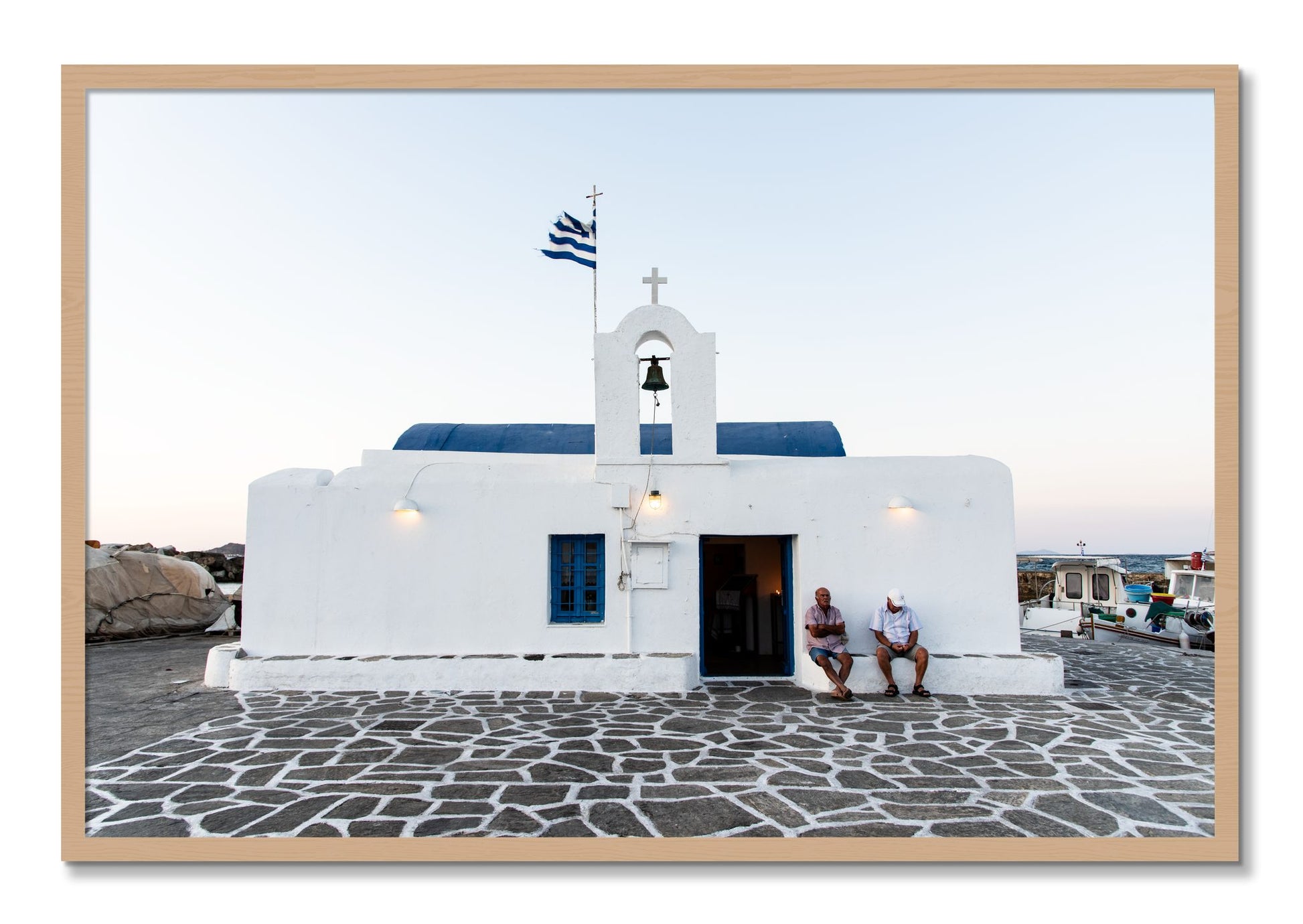 Framed photograph of Greek Boathouse by Dylan Ozanich, Oak frame, Full Bleed