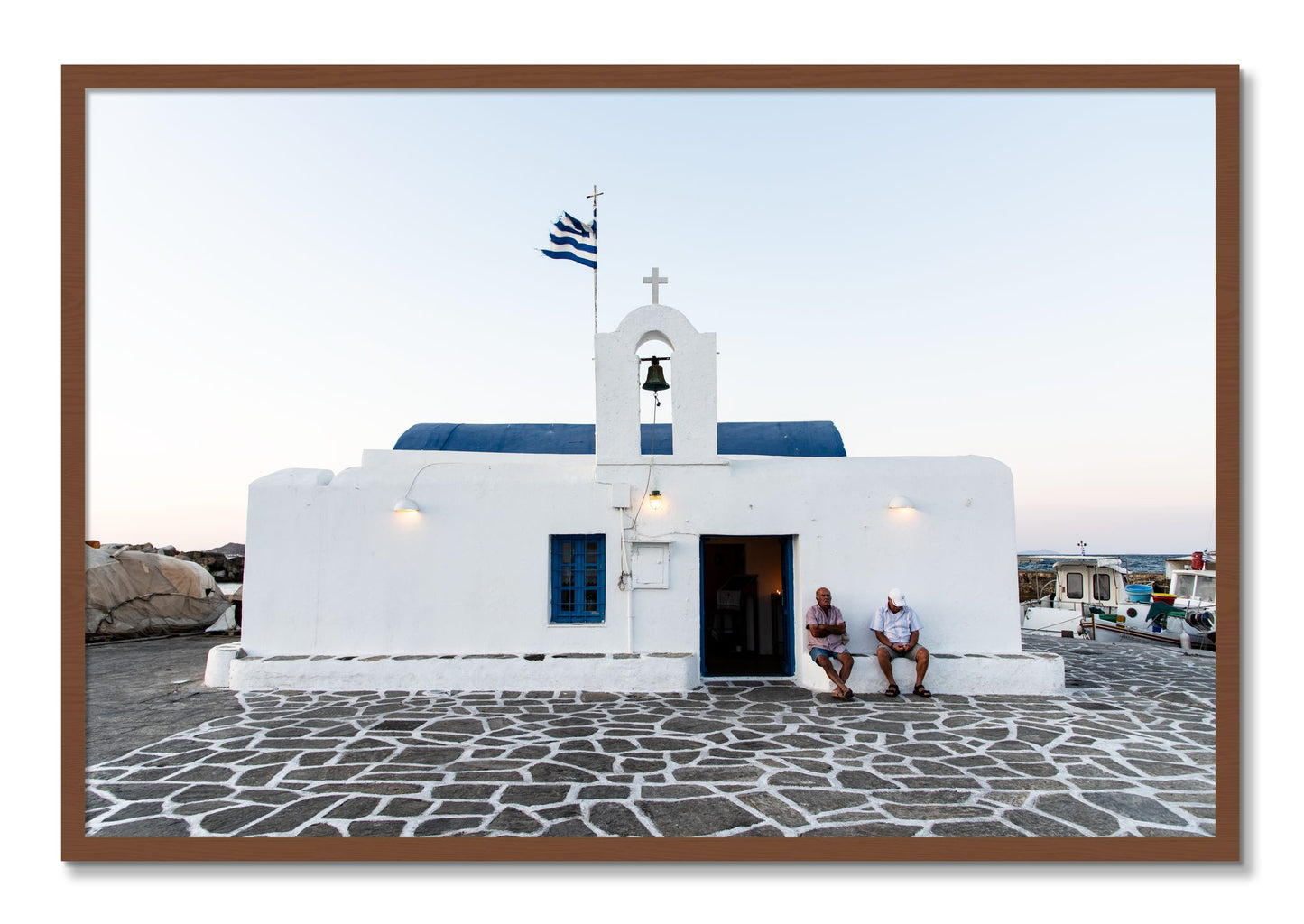Framed photograph of Greek Boathouse by Dylan Ozanich, Walnut frame, Full Bleed