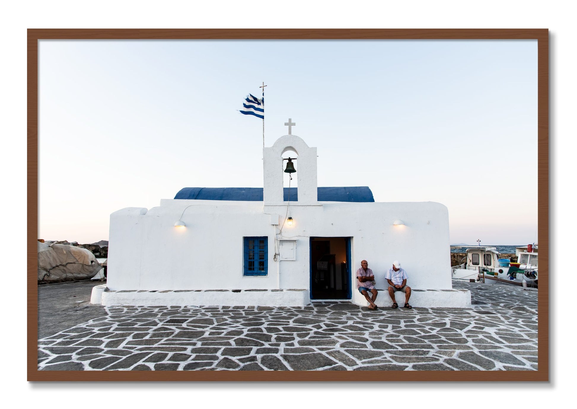 Framed photograph of Greek Boathouse by Dylan Ozanich, Walnut frame, Full Bleed