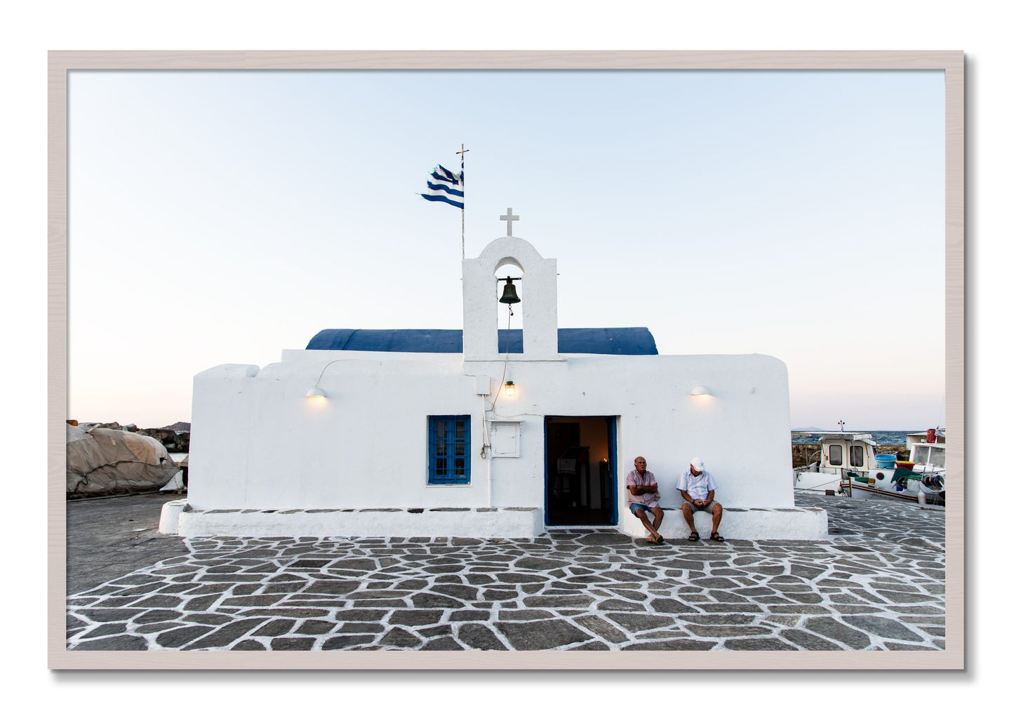 Framed photograph of Greek Boathouse by Dylan Ozanich, White Maple frame, Full Bleed