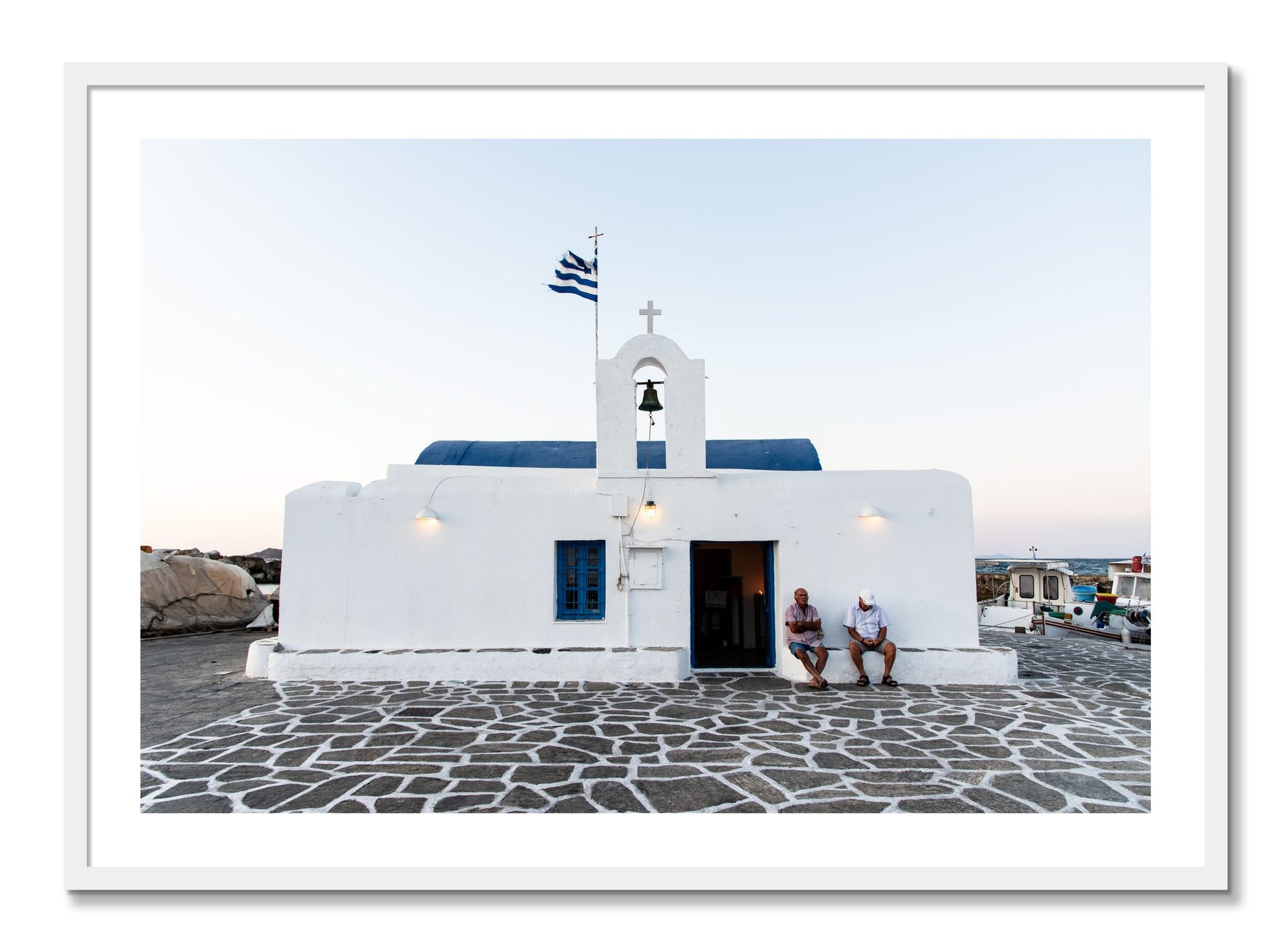 Framed photograph of Greek Boathouse by Dylan Ozanich, White frame, Full Bleed
