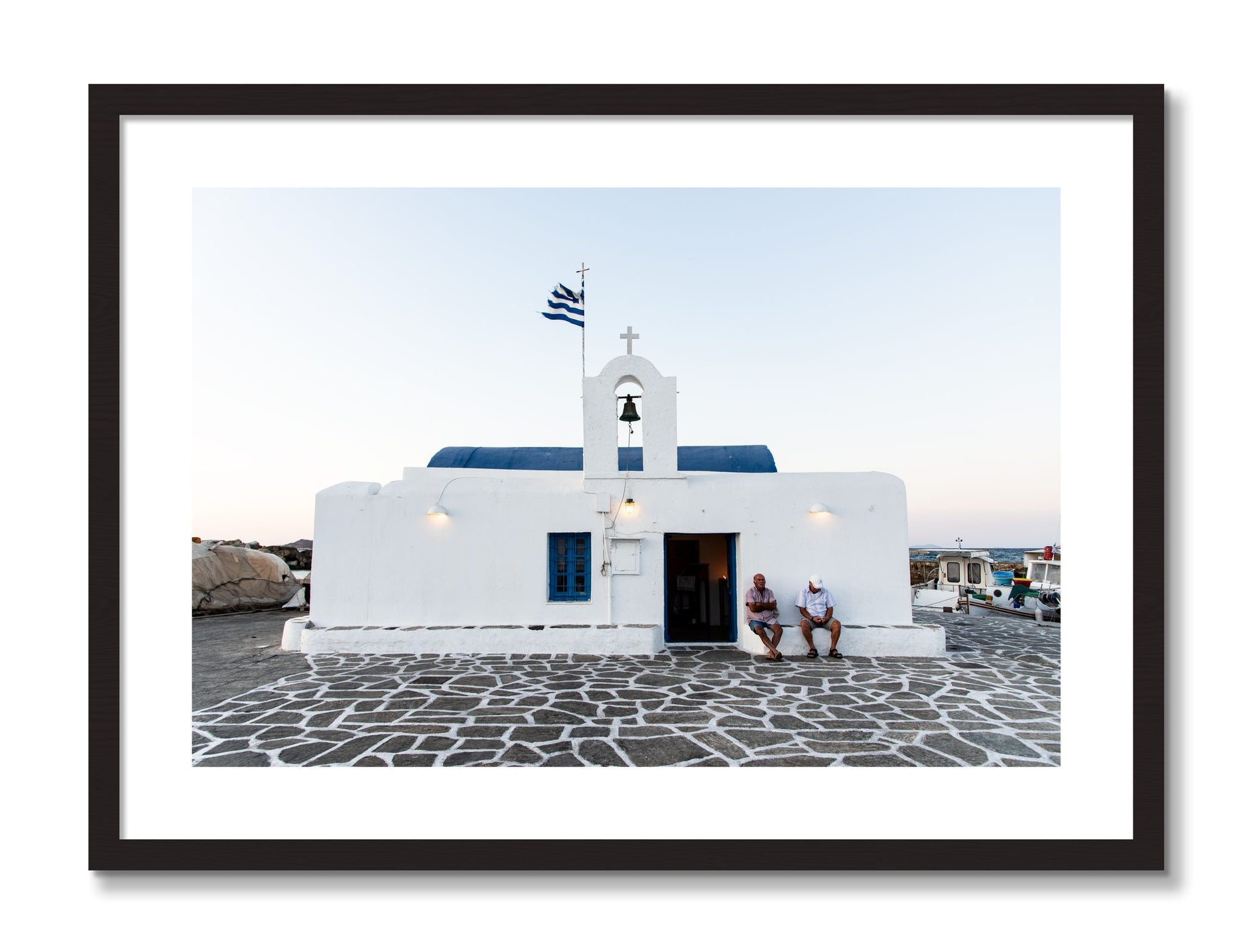Framed photograph of Greek Boathouse by Dylan Ozanich, Black frame, Borders