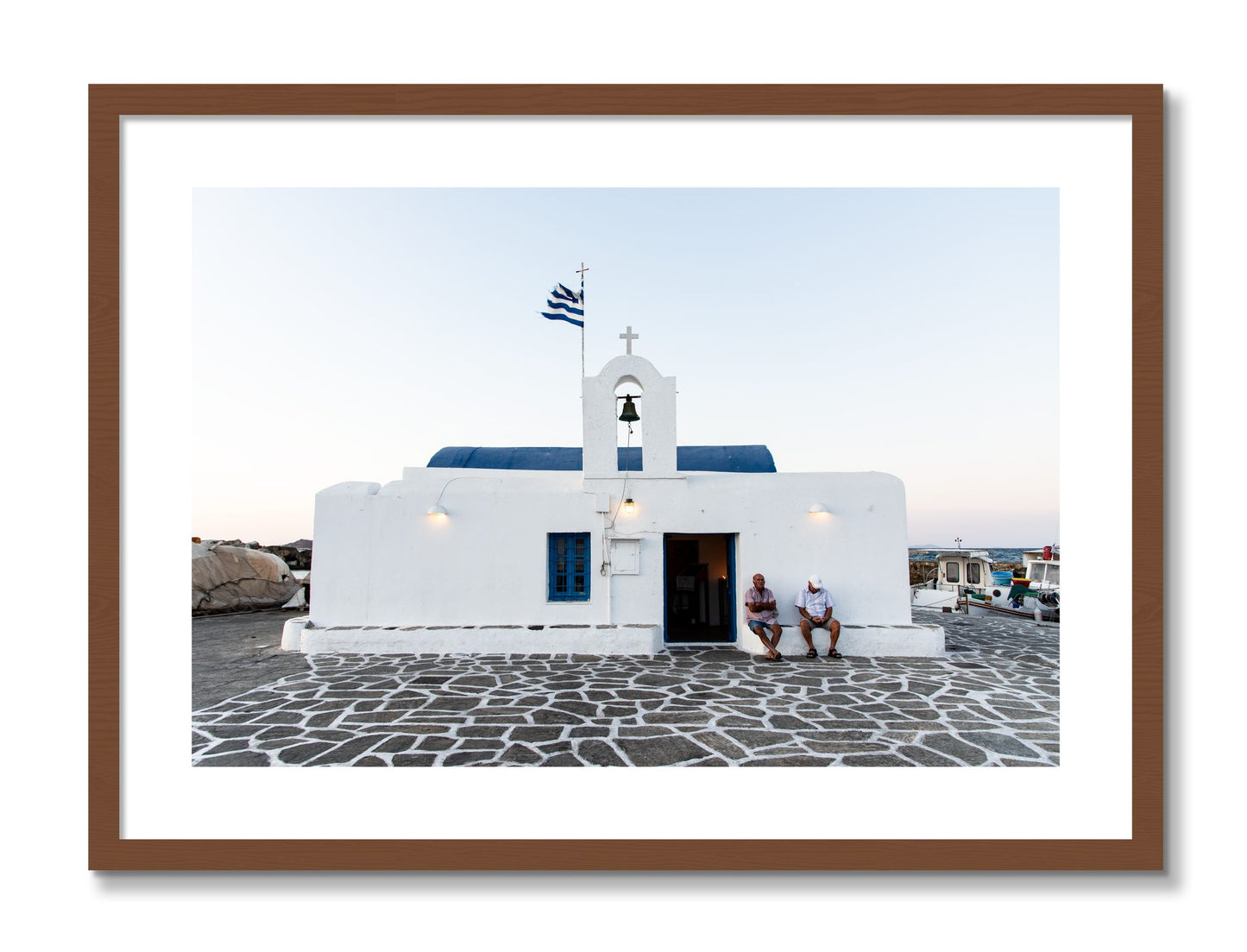 Framed photograph of Greek Boathouse by Dylan Ozanich, Walnut frame, Borders