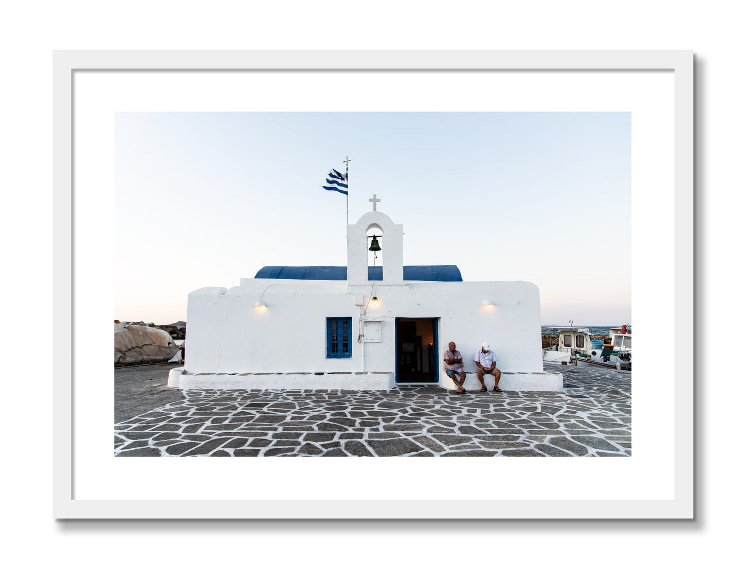 Framed photograph of Greek Boathouse by Dylan Ozanich, White frame, Borders