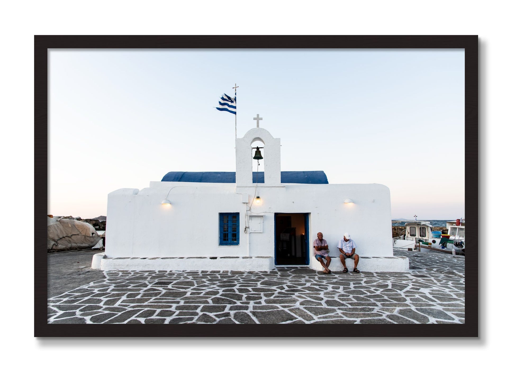 Framed photograph of Greek Boathouse by Dylan Ozanich, Black Walnut frame, Full Bleed