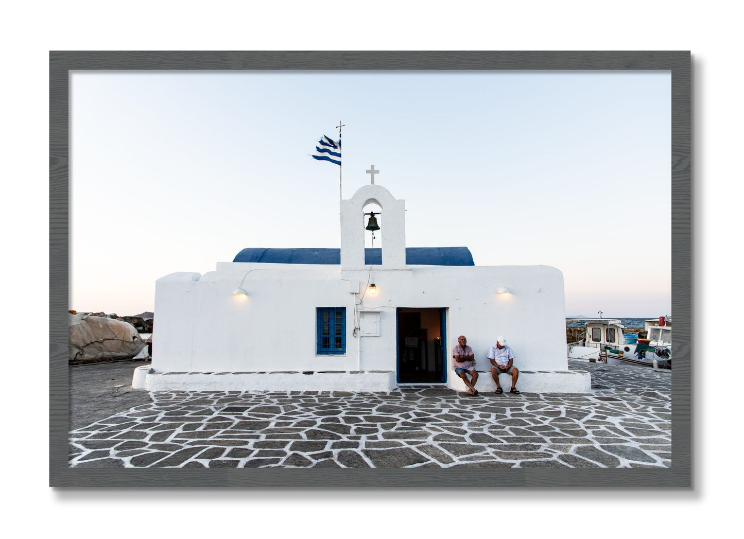 Framed photograph of Greek Boathouse by Dylan Ozanich, Grey frame, Full Bleed